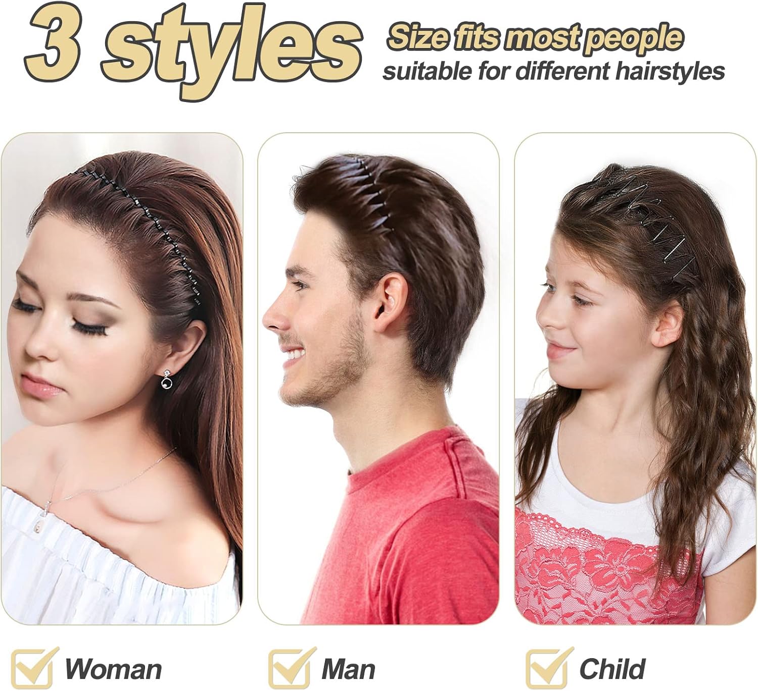 Serre-tête homme - bandeau métal noir - lot de 3 - antidérapant, ondulé