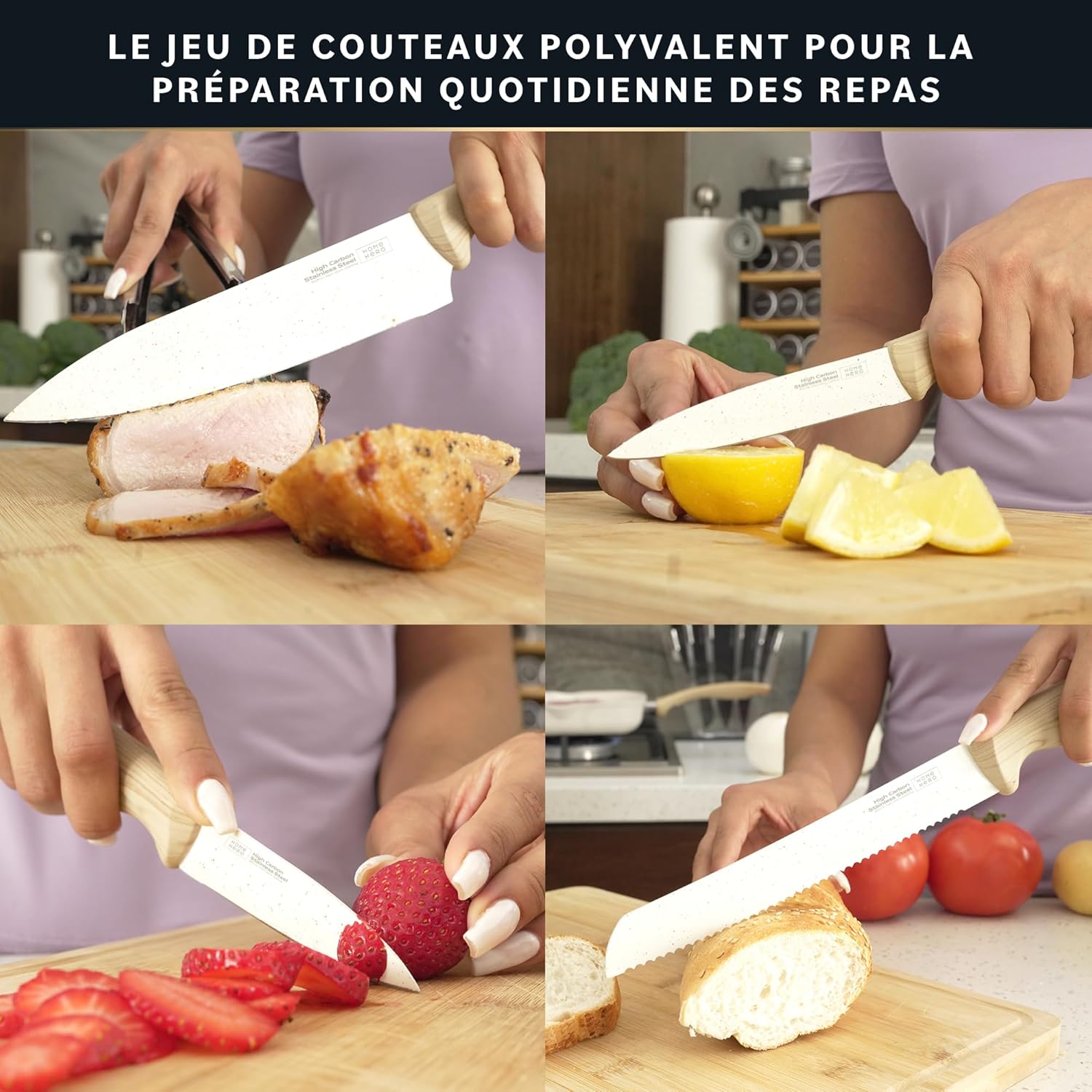 Home Hero - Bloc de couteaux 12 pièces crème - inox carbone, poignées ergonomiques