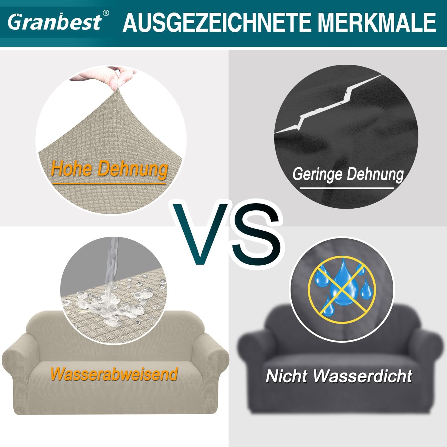 Granbest - housse stretch imperméable 3 places - sable - mousse antidérapante