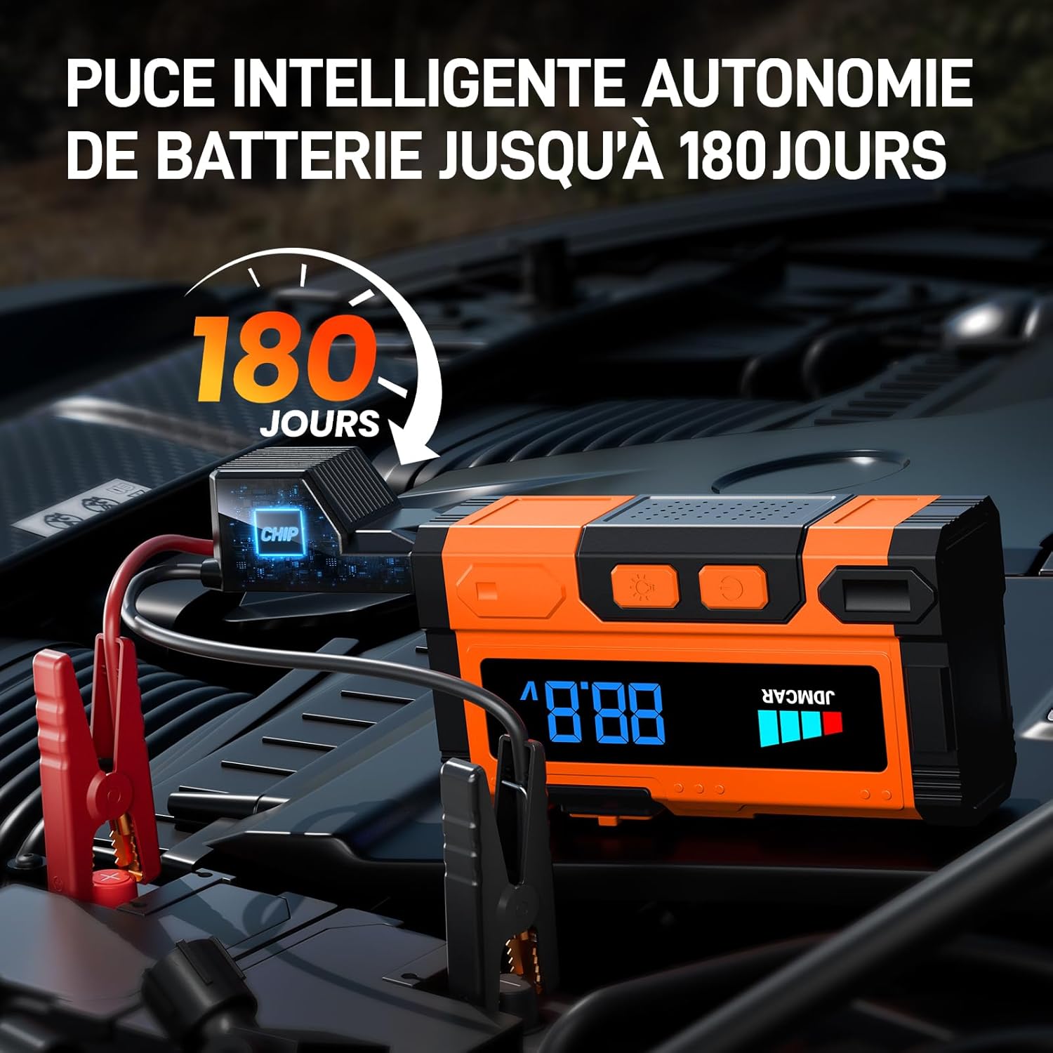 JDMCAR - Booster batterie série 8000A - 14.8V - 9L essence/8.5L diesel, pinces intelligentes, LED, protections multiples