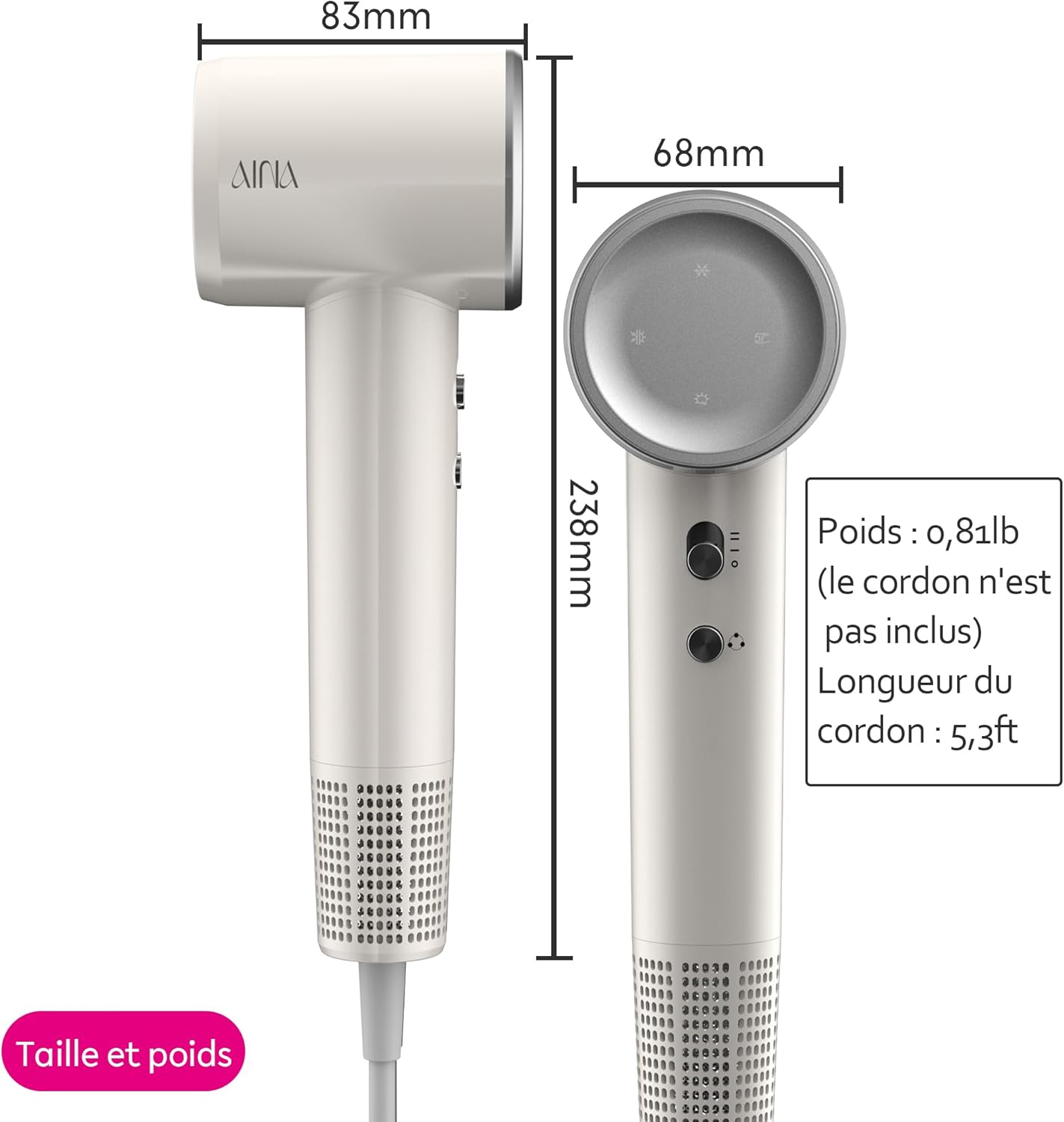 AINA - Sèche-cheveux 1A blanc - léger, ionisant, 150000 tr/min