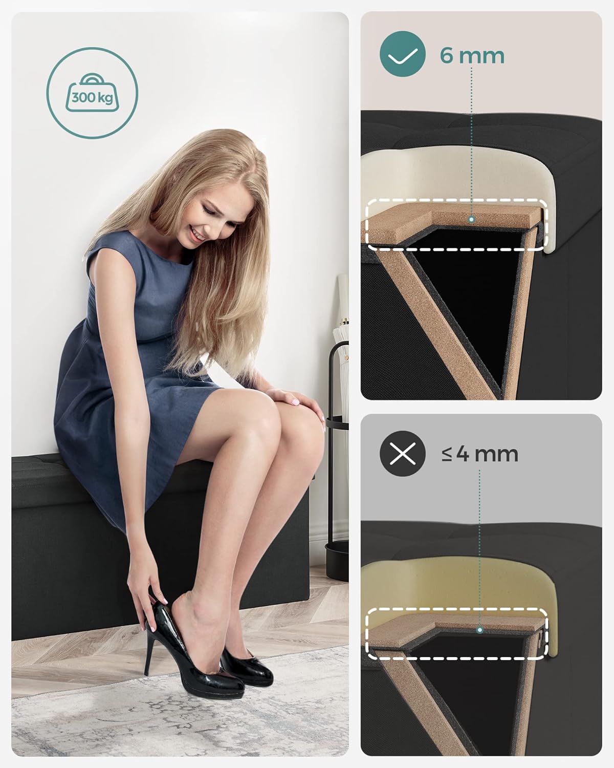 SONGMICS - banc de rangement pliable - 38x110x38 cm - coffre 300kg Noir LSF077B01