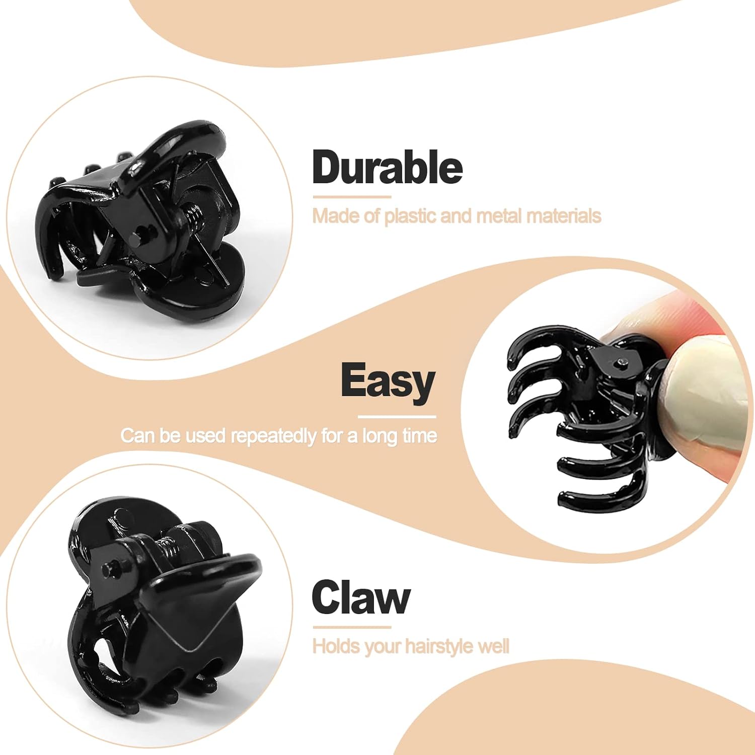 Pinces à cheveux - mini clips acrylique, forte tenue, 24pcs, noir