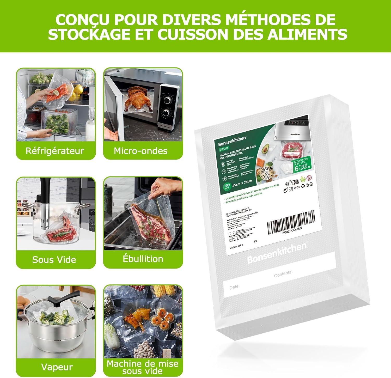 Bonsenkitchen - sacs sous vide (série VB) - 15x25 cm - lot de 100, gaufrés, alimentaires VB3204