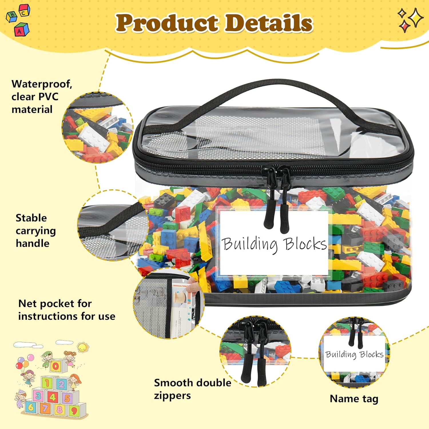 Pochette de rangement jouet enfant - PVC, fermeture éclair, lot de 8, idéal puzzles et bain