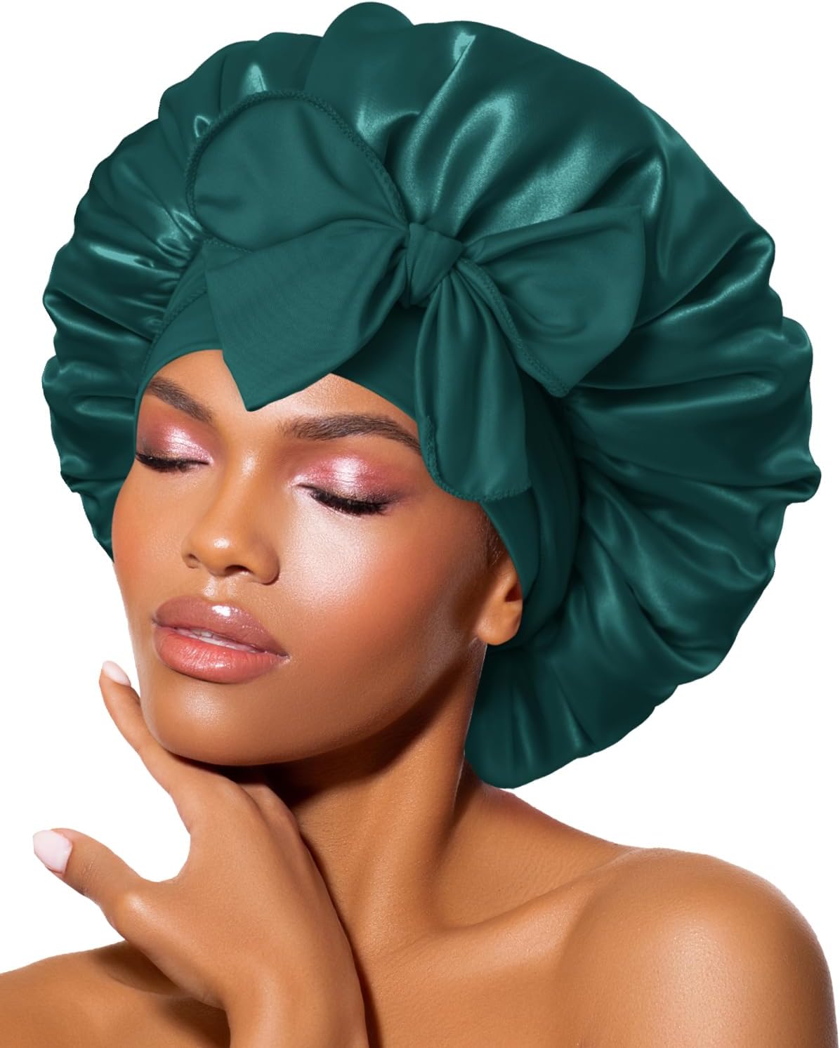 BONNET QUEEN - bonnet satin nuit ajustable, boucles, vert foncé, taille M