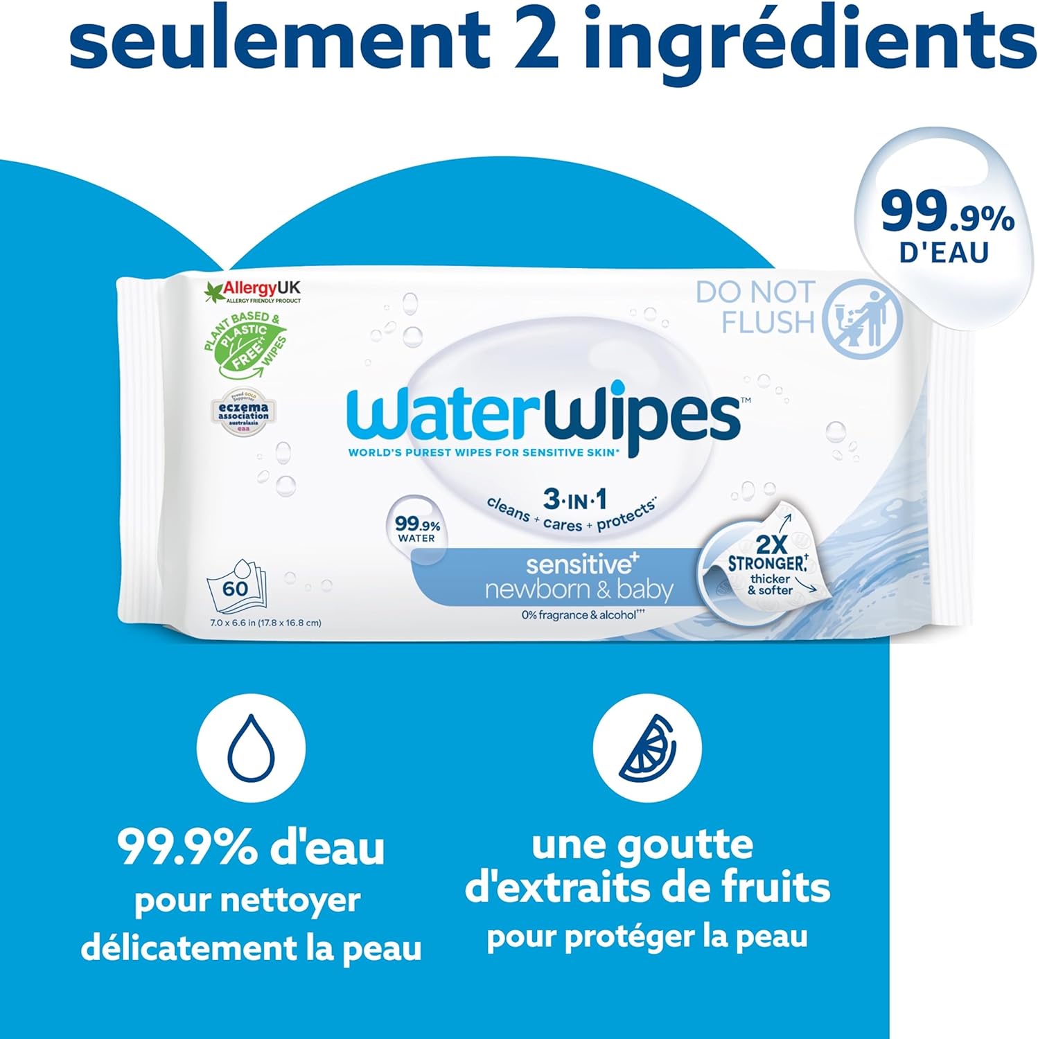 WaterWipes - Sensitive+ - 12x60 lingettes - 99,9% eau, non parfumées, 3-en-1