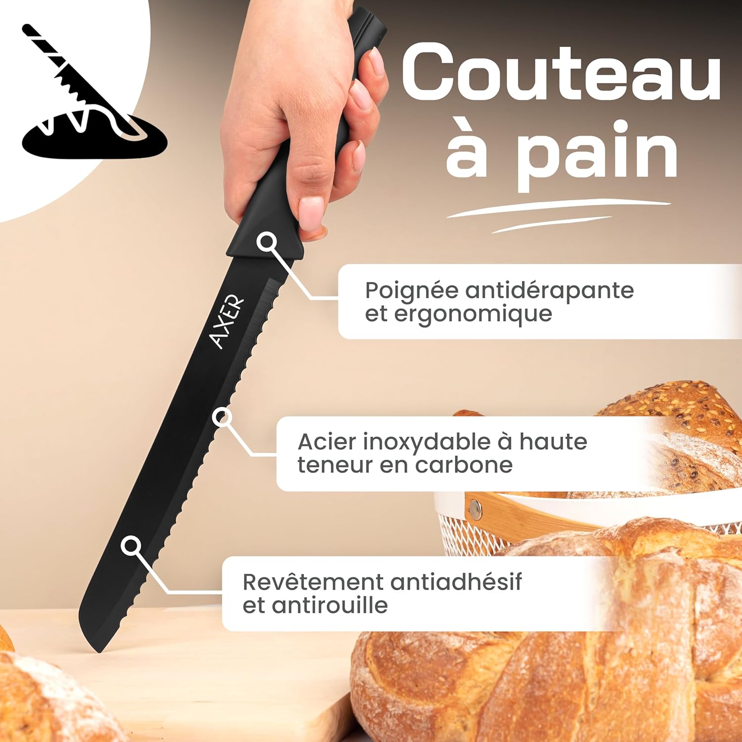 Couteau à pain - étui inclus, lame noire, boîte de rangement