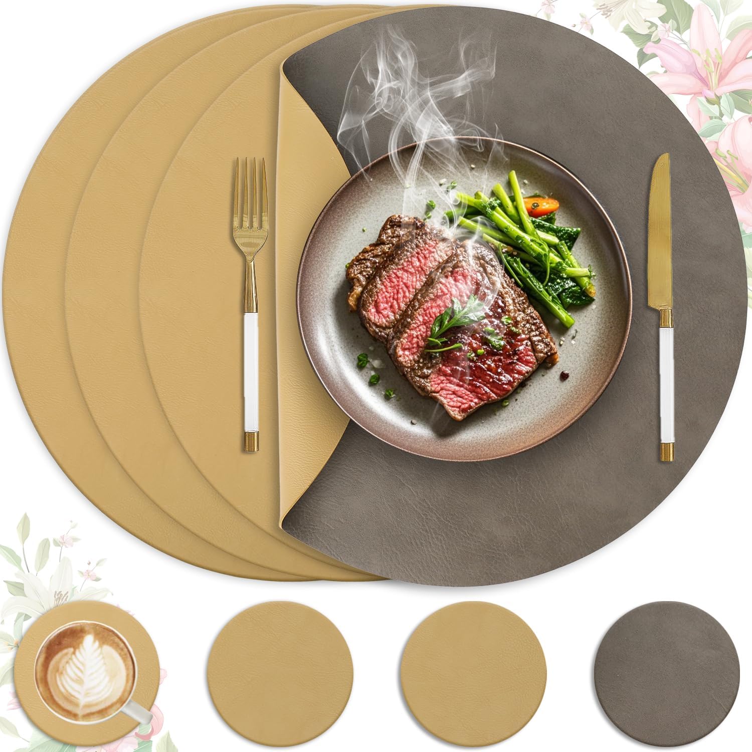 Set de table - lot de 4, cuir PU, 36x36cm, lavable, antidérapant