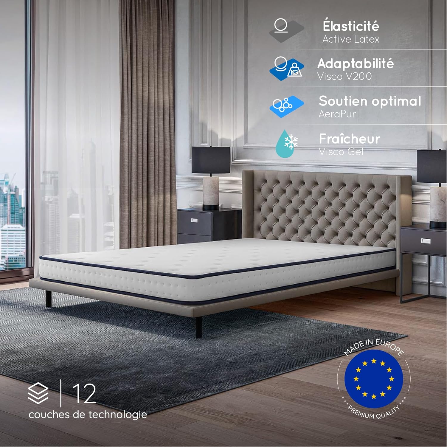 COSMOS - Upsilon - 140x190cm - mémoire de forme, latex, 15cm, hypoallergénique