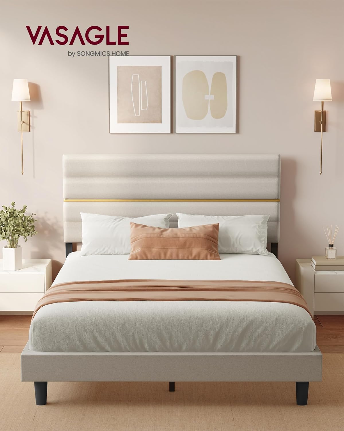 VASAGLE - lit double moderne - 160x200 cm - tête rembourrée ajustable métal bois massif - RMB505LH01