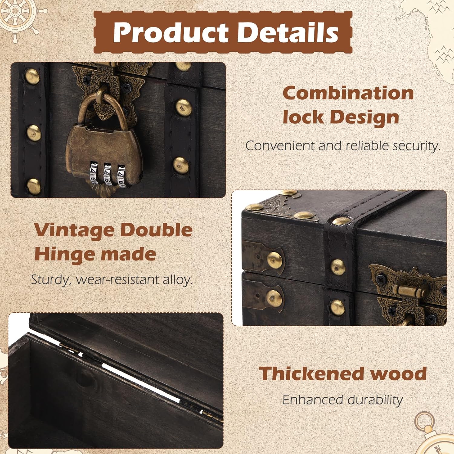 Coffre Trésor Vintage en Bois - boîte à code, cadenas pirate, gris, idéal enfant décor.