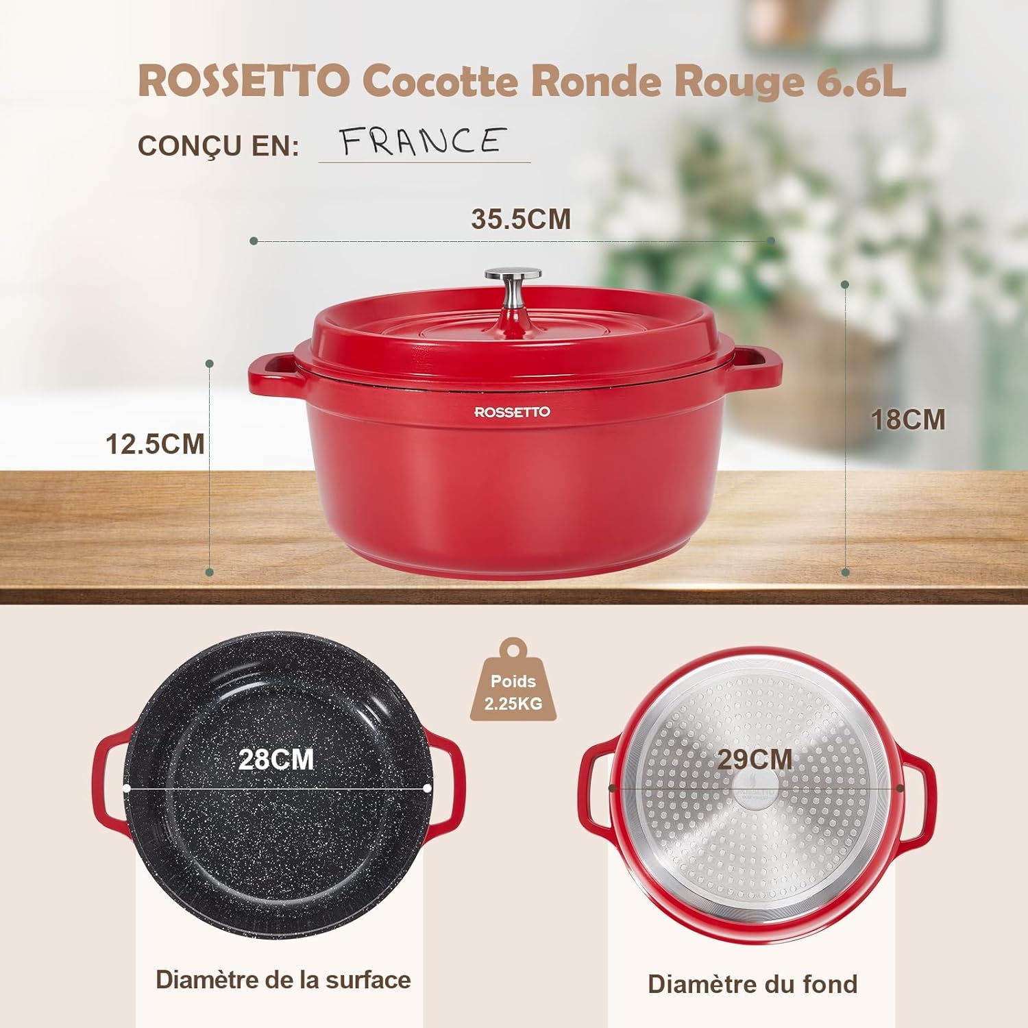 Rossetto - cocotte ronde 28cm - fonte d’aluminium, céramique, 6,6L, induction, four 220°C