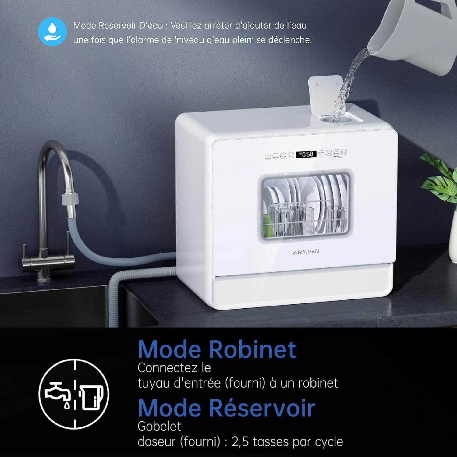 AIRMSEN - Mini lave-vaisselle compact - 5L - 7+2 programmes, sel, LED