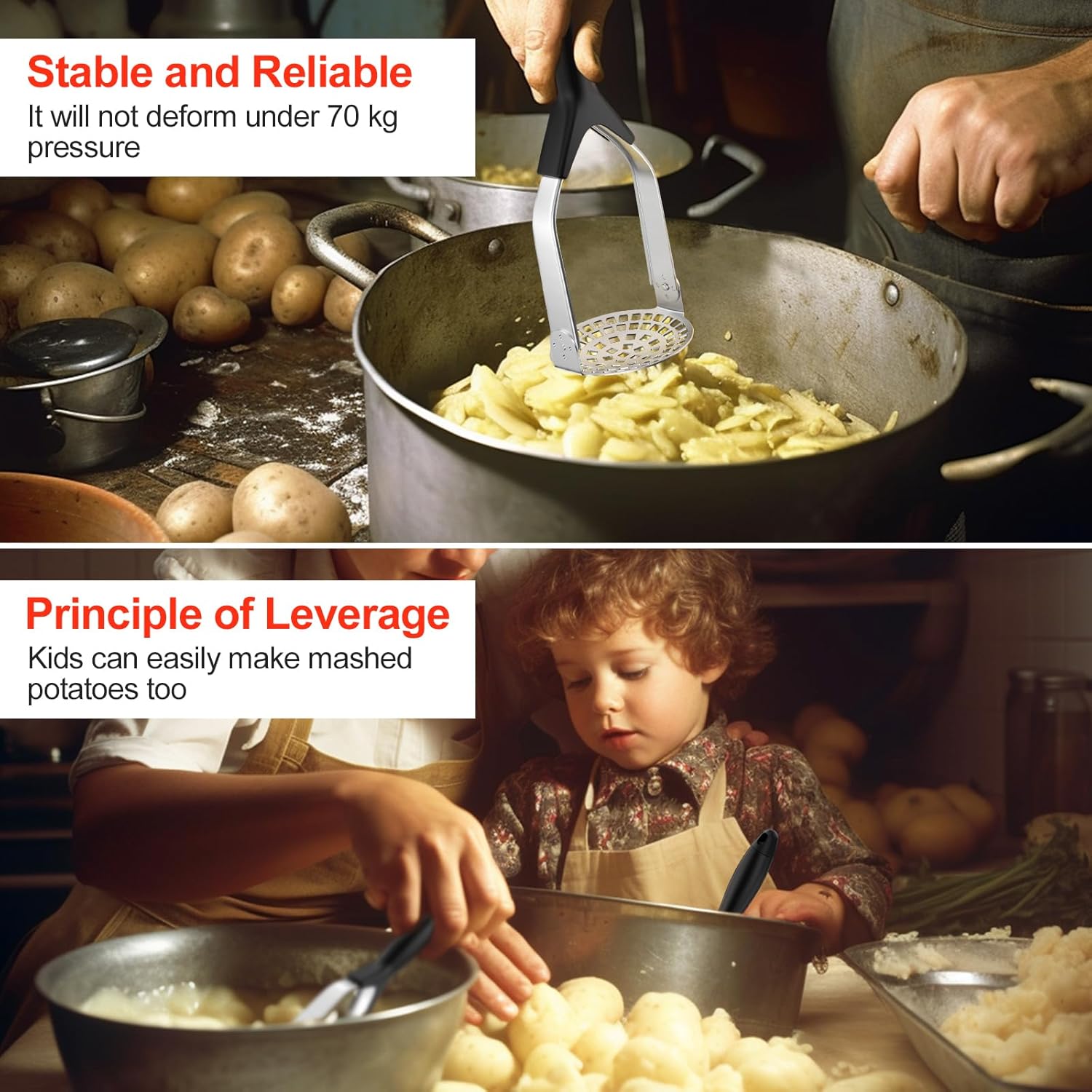 Fousenuk - presse-purée inox pliable, poignée antidérapante, pro,