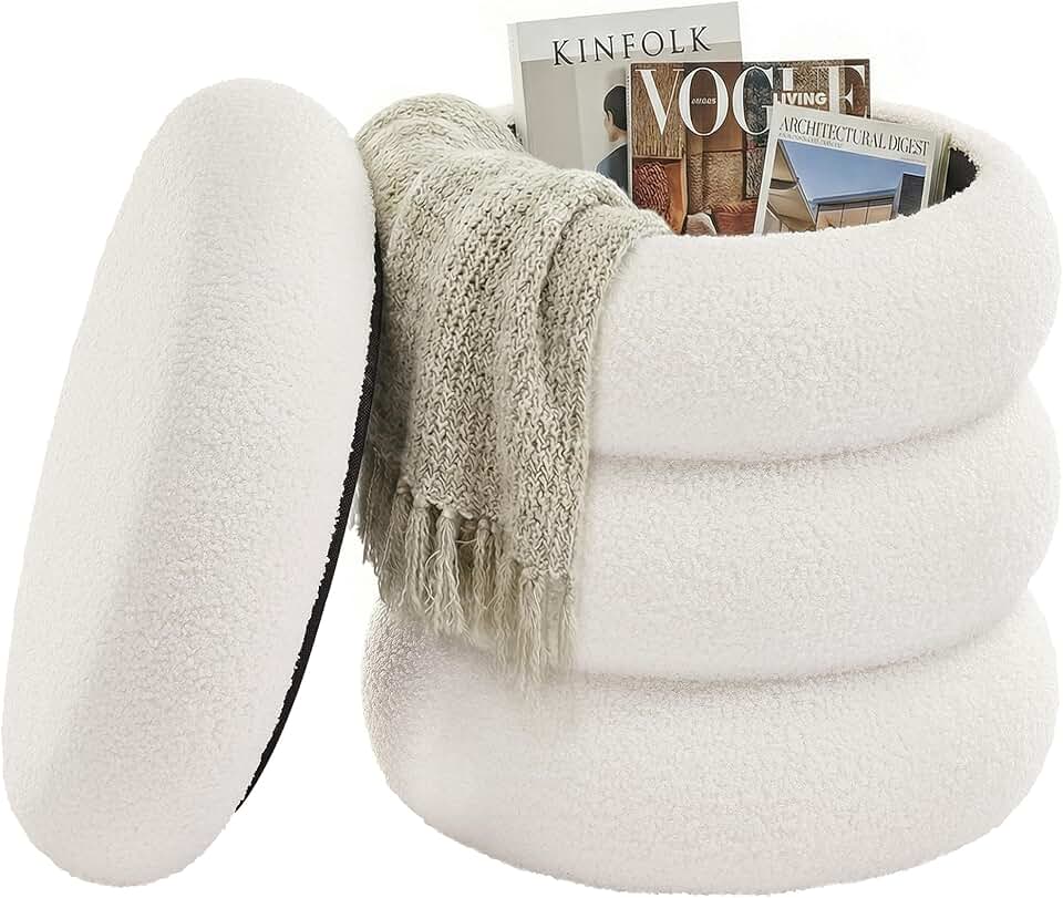 SONGMICS - pouf rond Teddy, 43x47 cm, rangement, blanc, LOM015WD01
