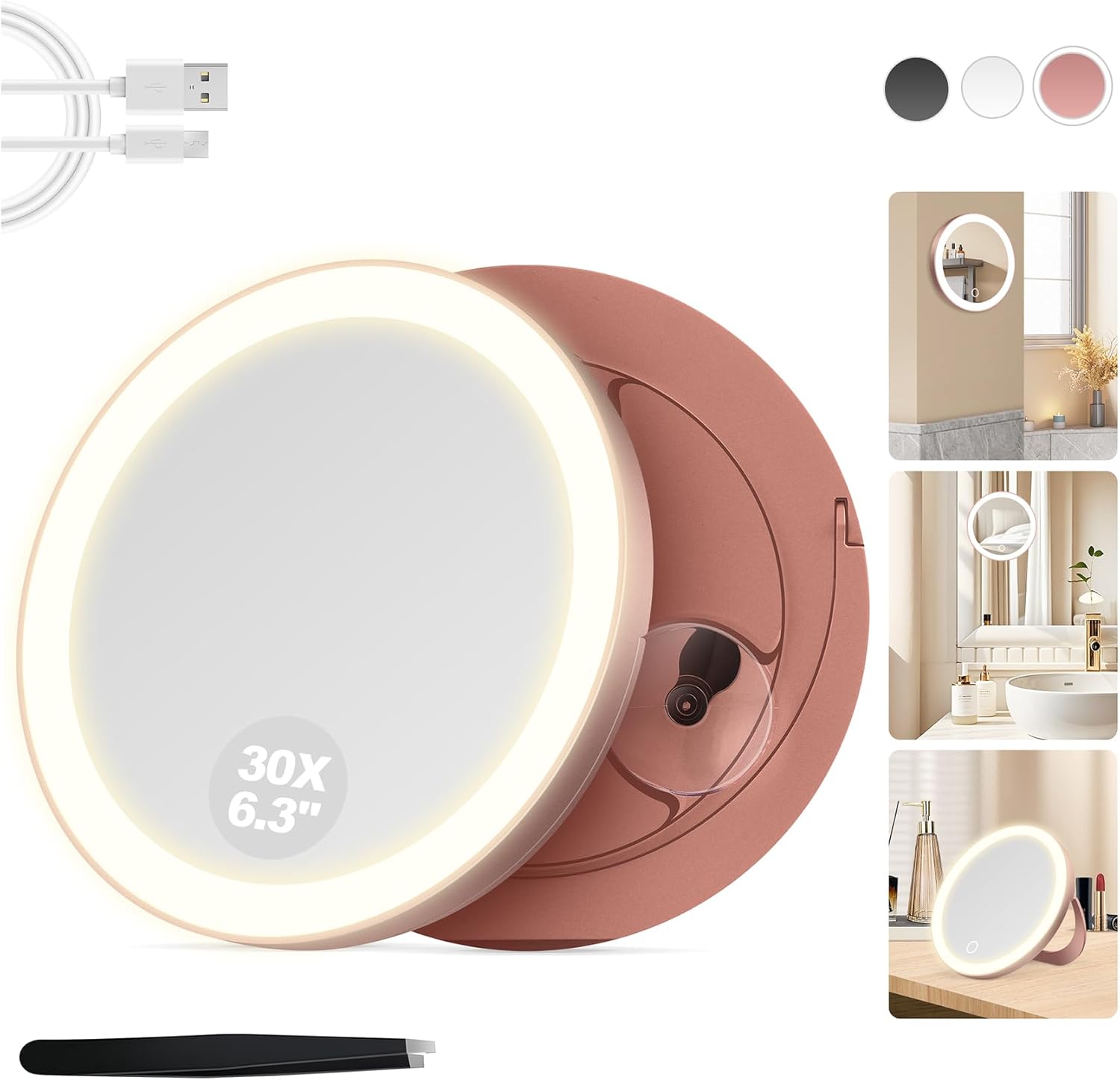 Miroir grossissant - 30x, éclairage LED, ventouse, or rose, maquillage précision
