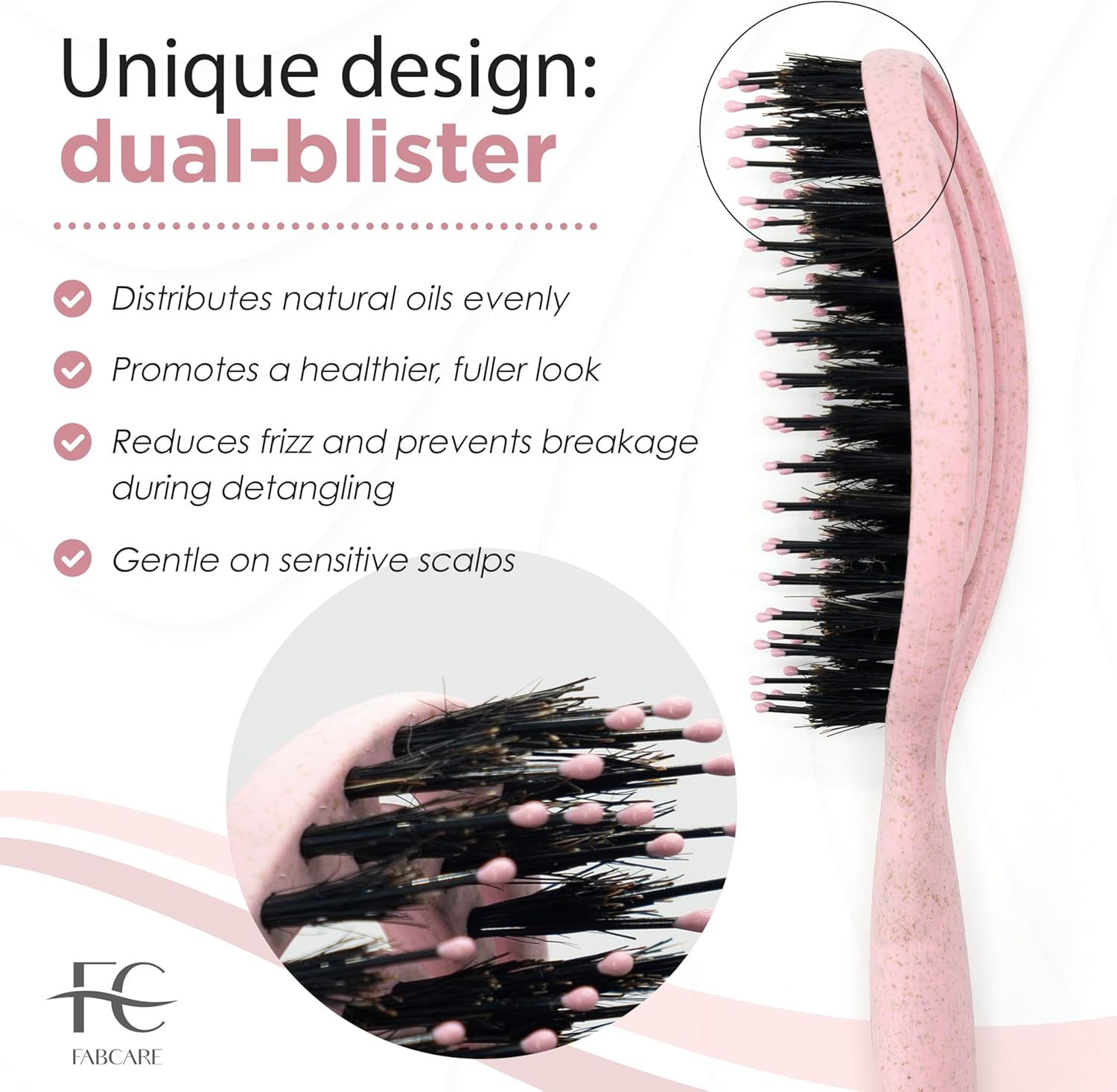 FABCARE - Mini brosse cheveux, poils sanglier, double ressort, compacte, rose