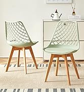 Deux chaises de salle à manger modernes avec des sièges en plastique vert clair et un dossier en treillis diamanté. Les chaises ont des pieds en bois et sont placées sur un tapis à motifs dans un décor minimaliste