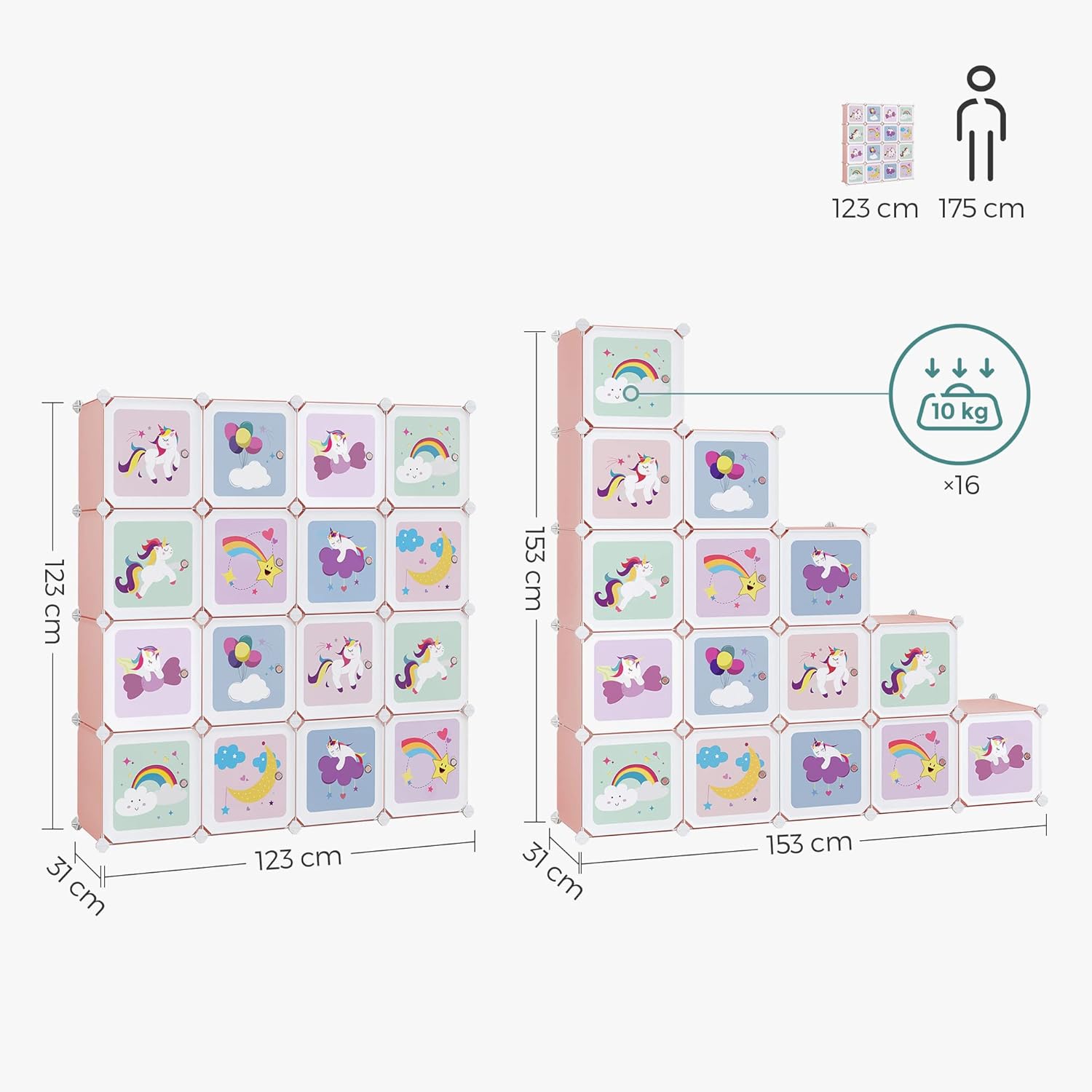 SONGMICS - meuble rangement enfant modulable 16 cubes, 123x31x123cm, rose LPC906P01