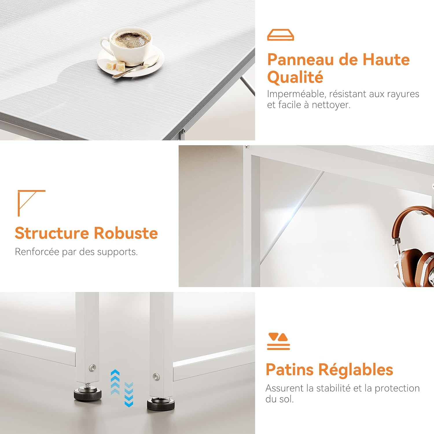 Coleshome - bureau 3 tiroirs tissu, 120x48cm, porte-casque, blanc