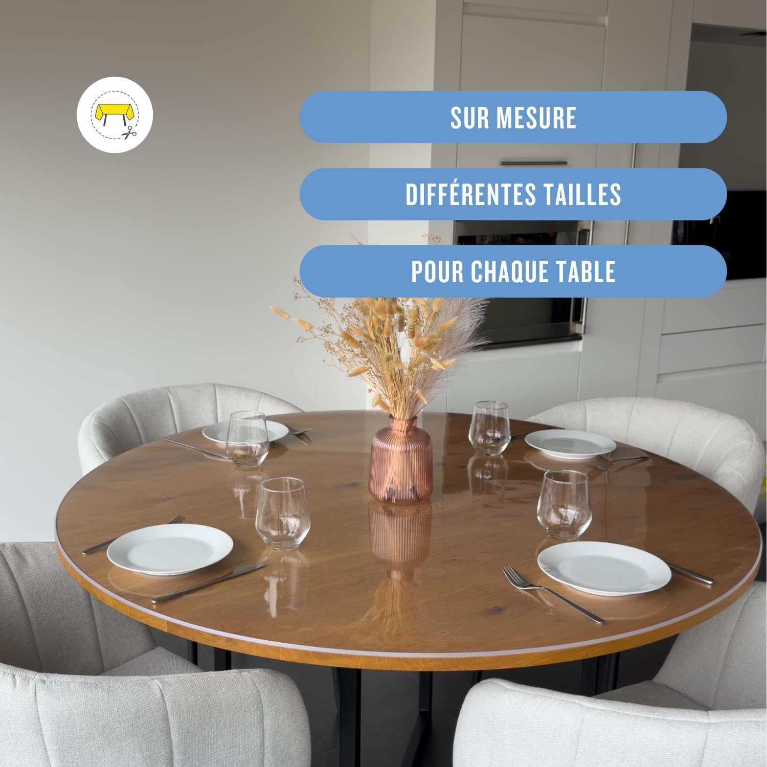 Nappe transparente ronde – 90 cm – épaisseur 3mm, anti-tache, lavable