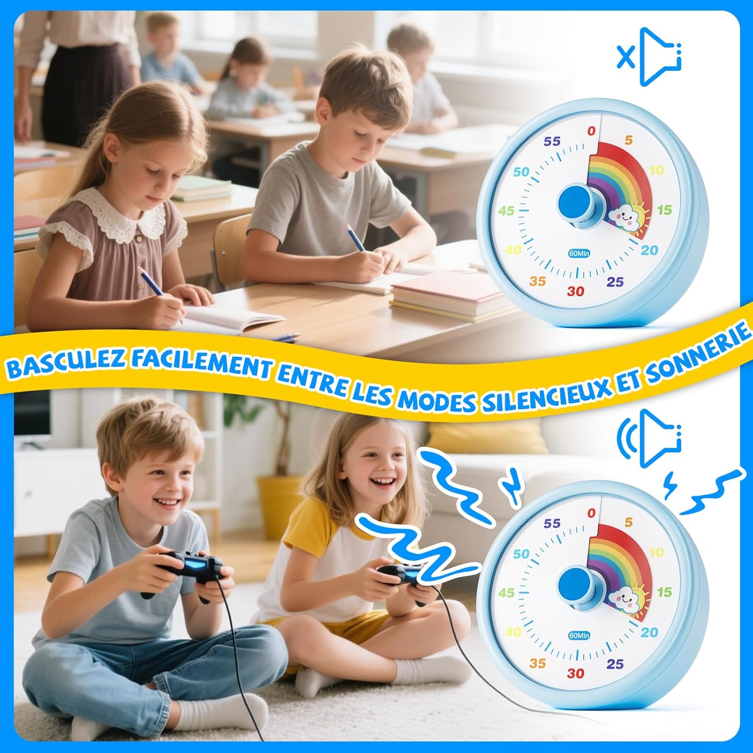 Minuteur visuel - modèle enfant - 60 min - compte à rebours, silencieux, motif arc-en-ciel