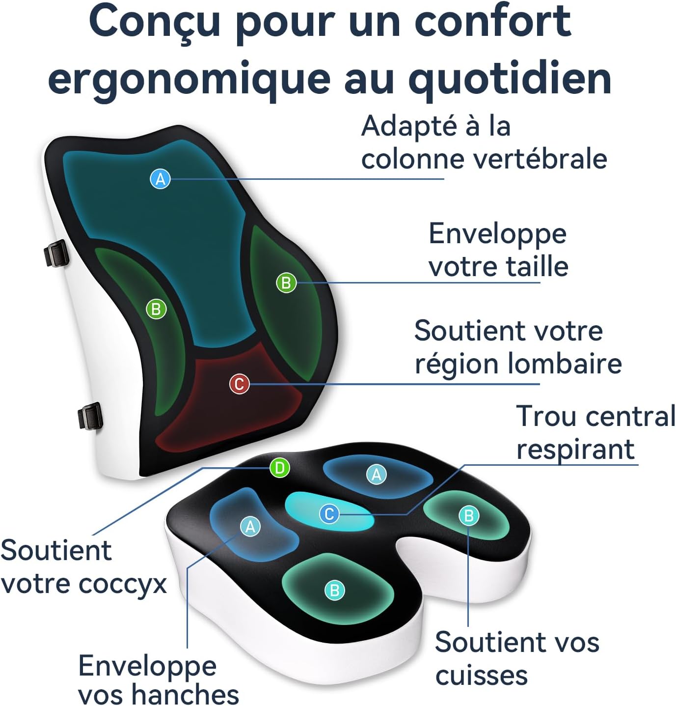 Travel Ease - Ensemble coussin mémoire ergonomique - soutien lombaire, assise confortable, noir