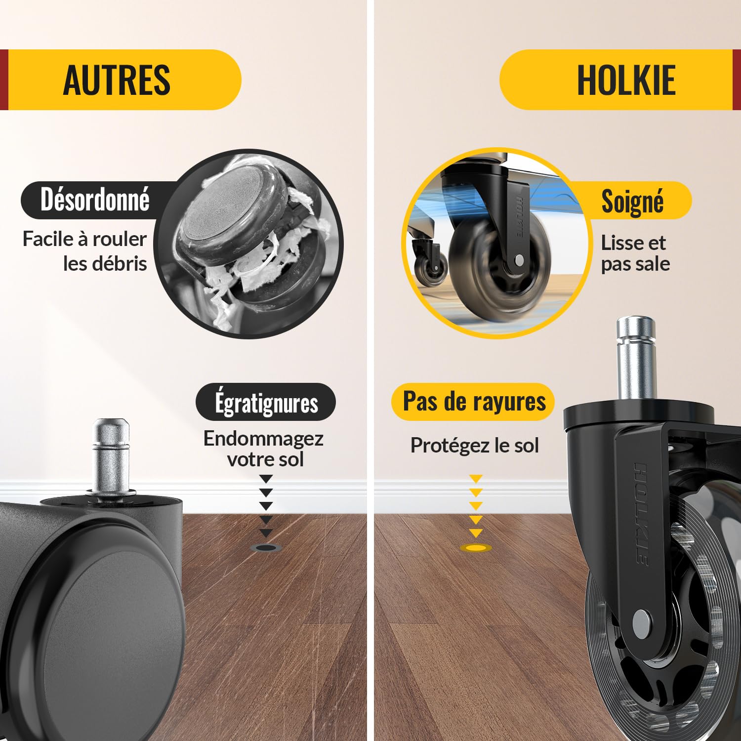 Holkie - roulettes caoutchouc pour chaise bureau - 11x22 mm - lot de 5 robustes, pour sols bois et tapis