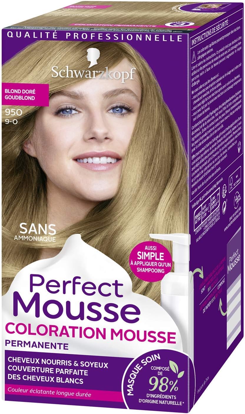 Schwarzkopf - Perfect Mousse coloration sans ammoniaque, blond doré, 98% naturel 950