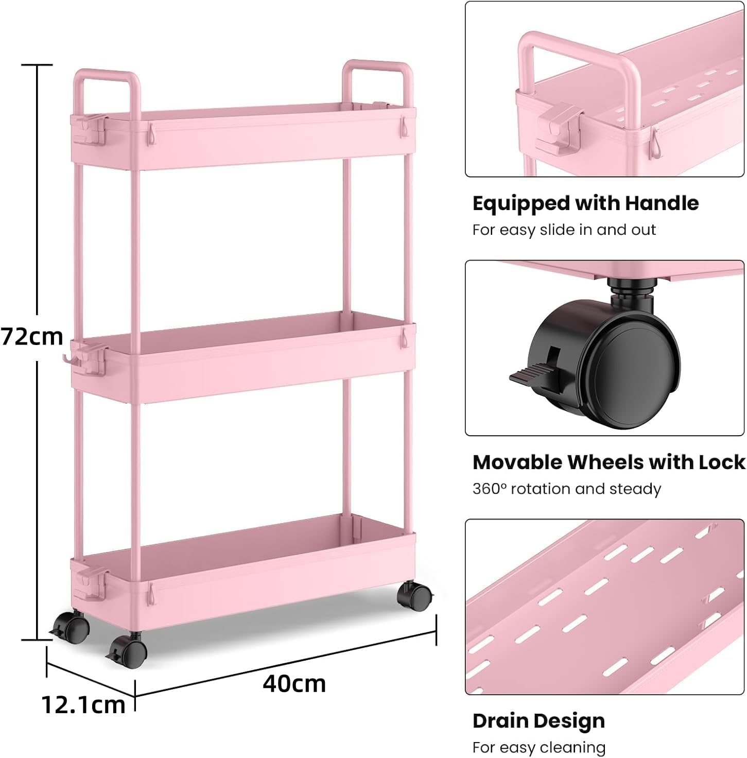 SOLEJAZZ - chariot de rangement 3 niveaux, plastique, cuisine/bain, rose