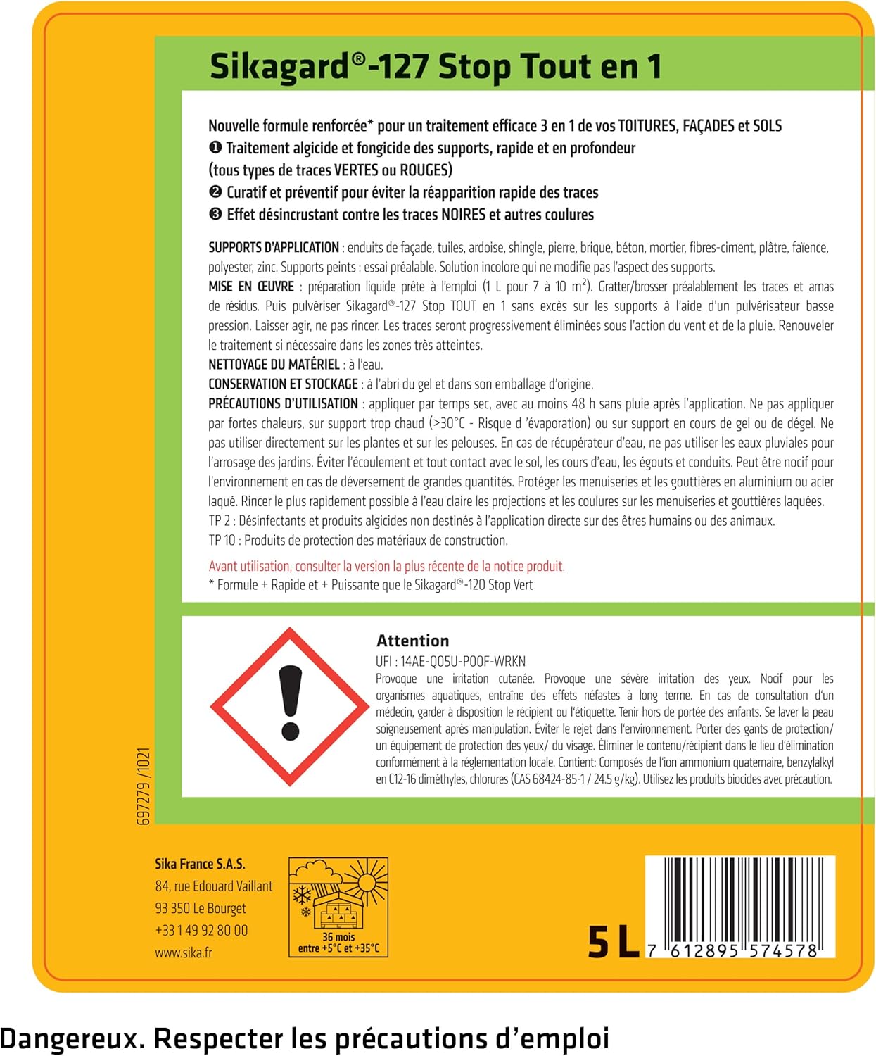 Sika - Sikagard 127 - 5L - traitement algicide et fongicide multisupports