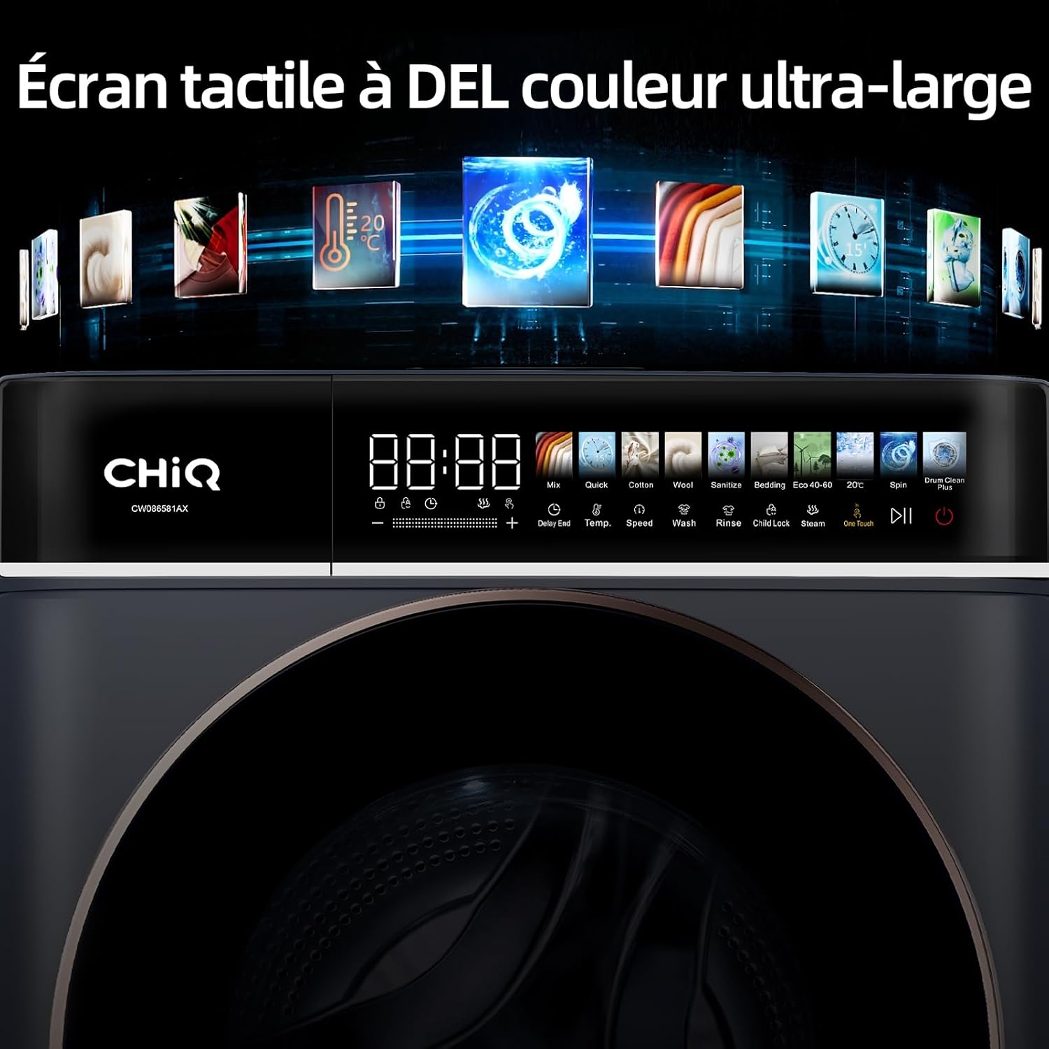 CHiQ - lave-linge 8 kg - écran LED tactile, vapeur, 1400 tr/min - CW086581AX