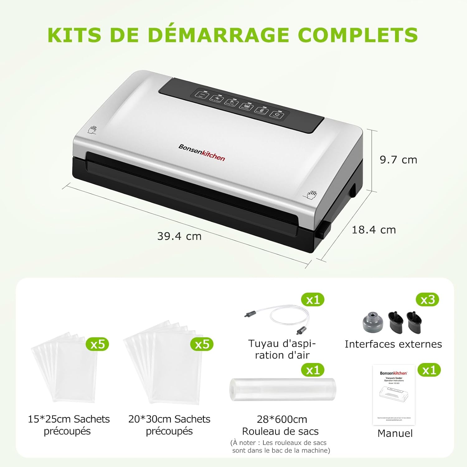 Bonsenkitchen - VS3000 - machine sous vide, 5 modes, cutter, 10 sacs