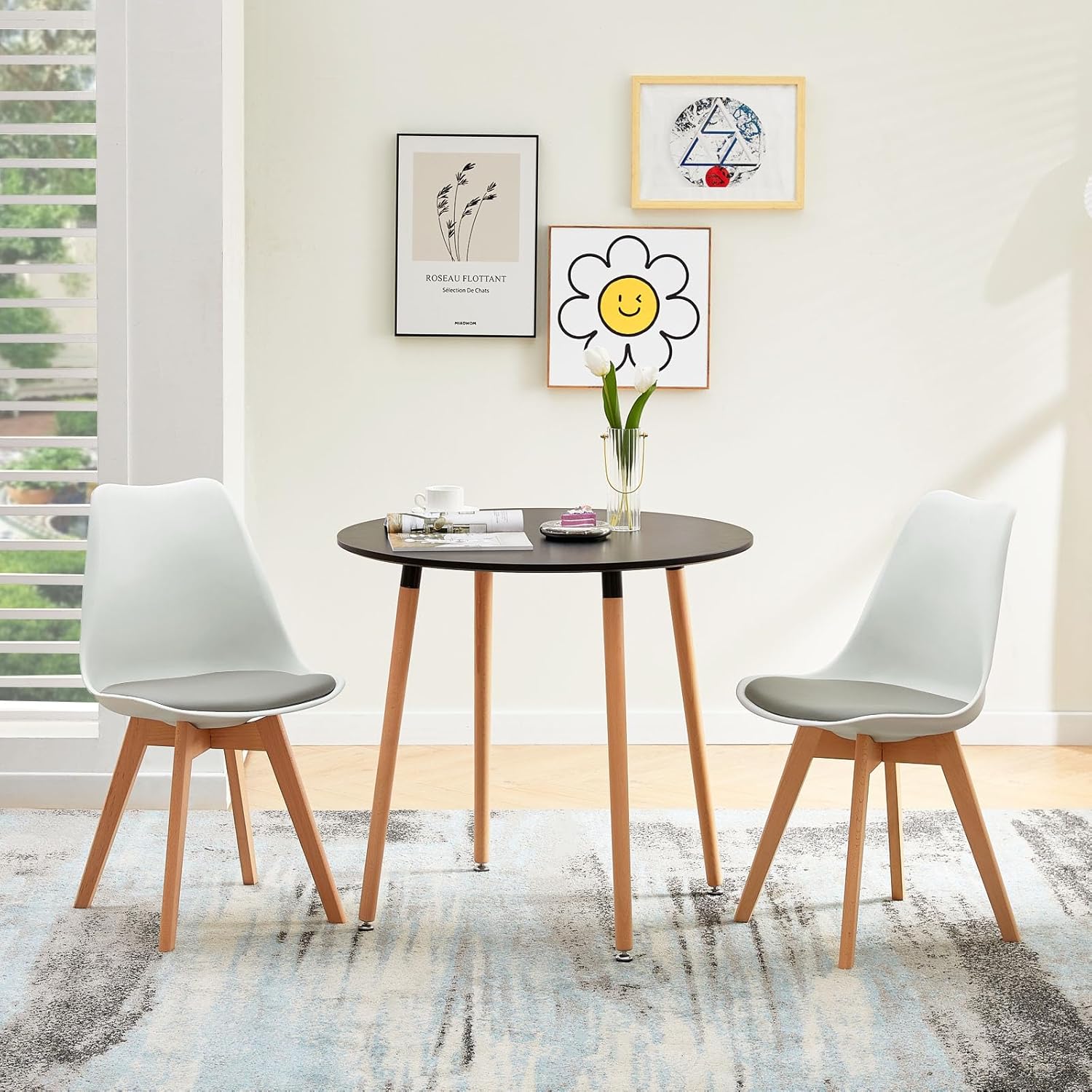 EGGREE - Lot de 4 chaises - bois hêtre, coussin PU, blanc/gris, design scandinave