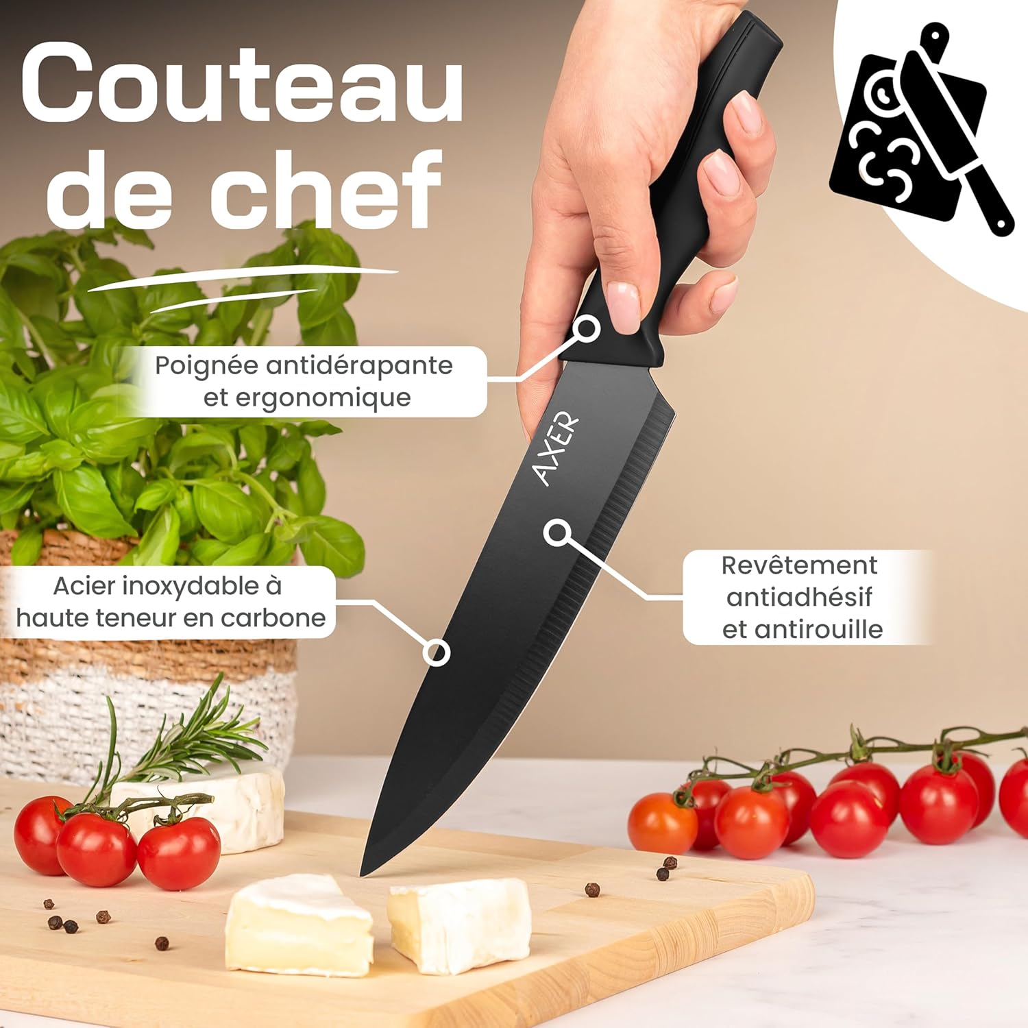 Axer - Chef Knife Série - 20 cm - Acier inox noir, étui inclus