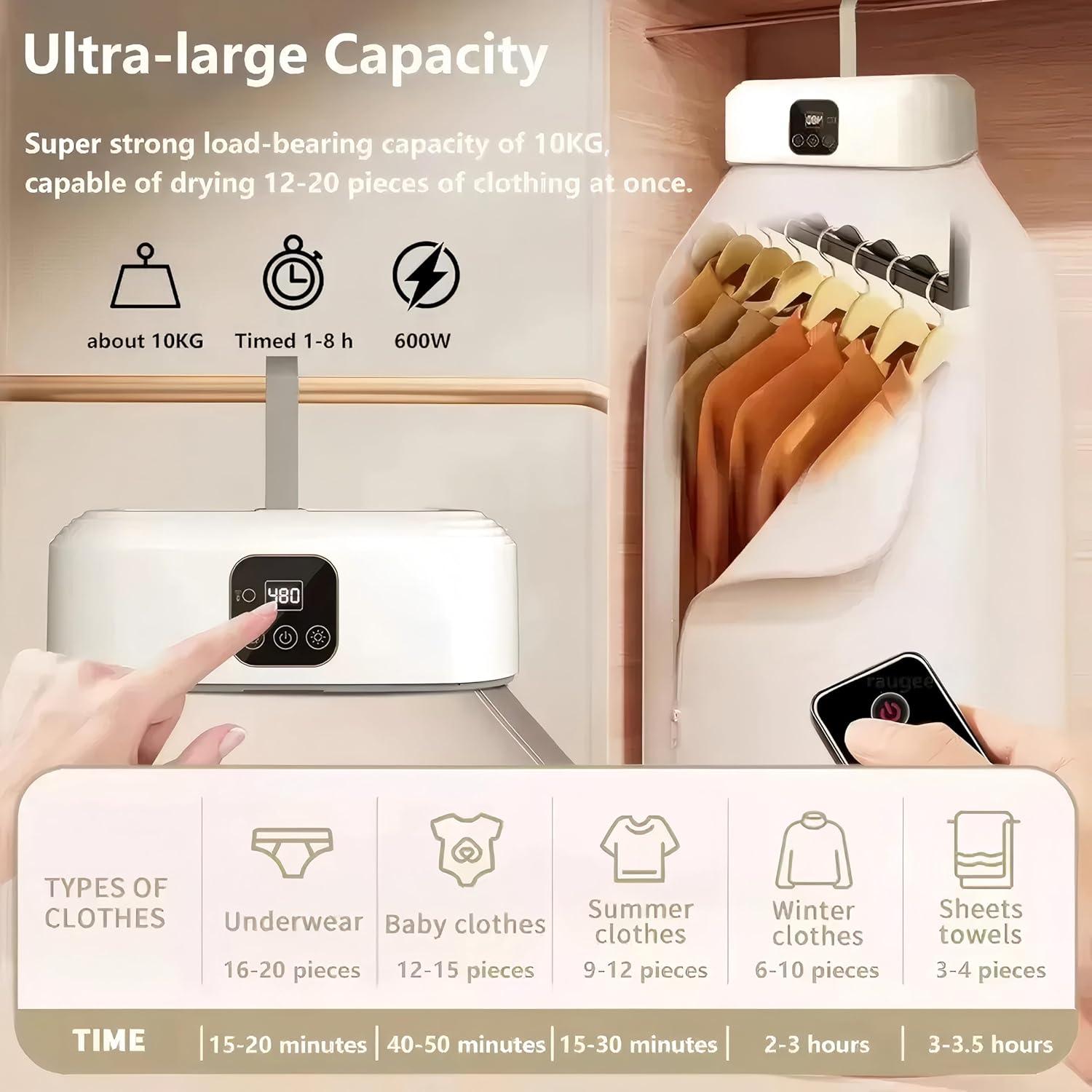 Sèche-linge portable pliable, 600W, minuterie, compact, pompe à chaleur