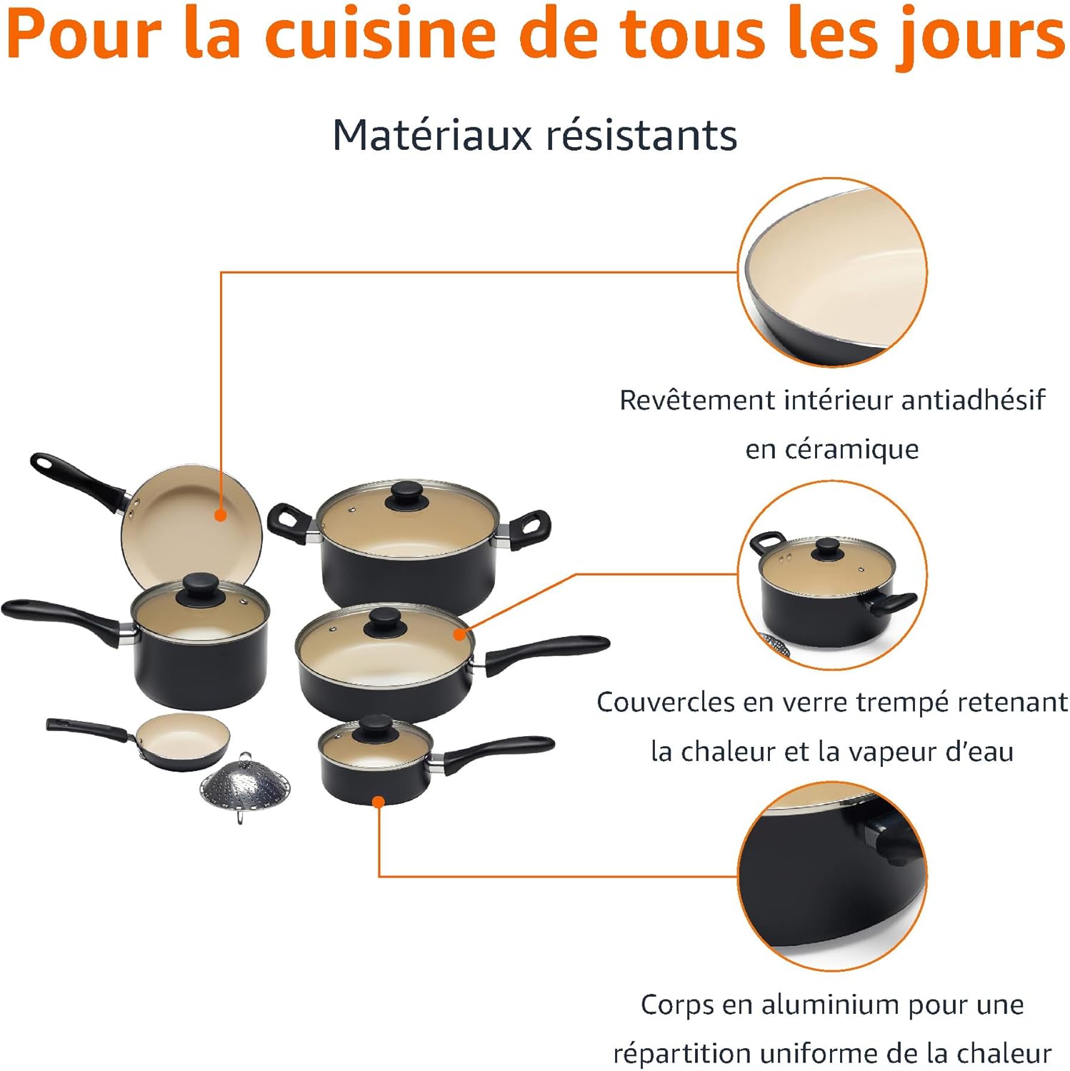 Amazon Basics - Set 11 pièces antiadhésif céramique - noir/crème - casseroles et poêles