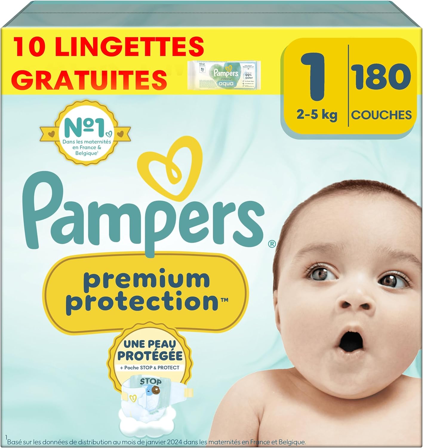 Pampers - Premium Protection Taille 1 - 180 couches, 10 lingettes, 2‑5kg, protection peau et fuites