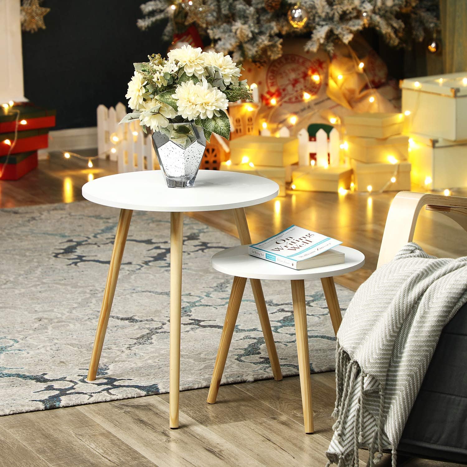 SONGMICS - table basse ronde scandinave, pin blanc bois, lot 2, LET07WN