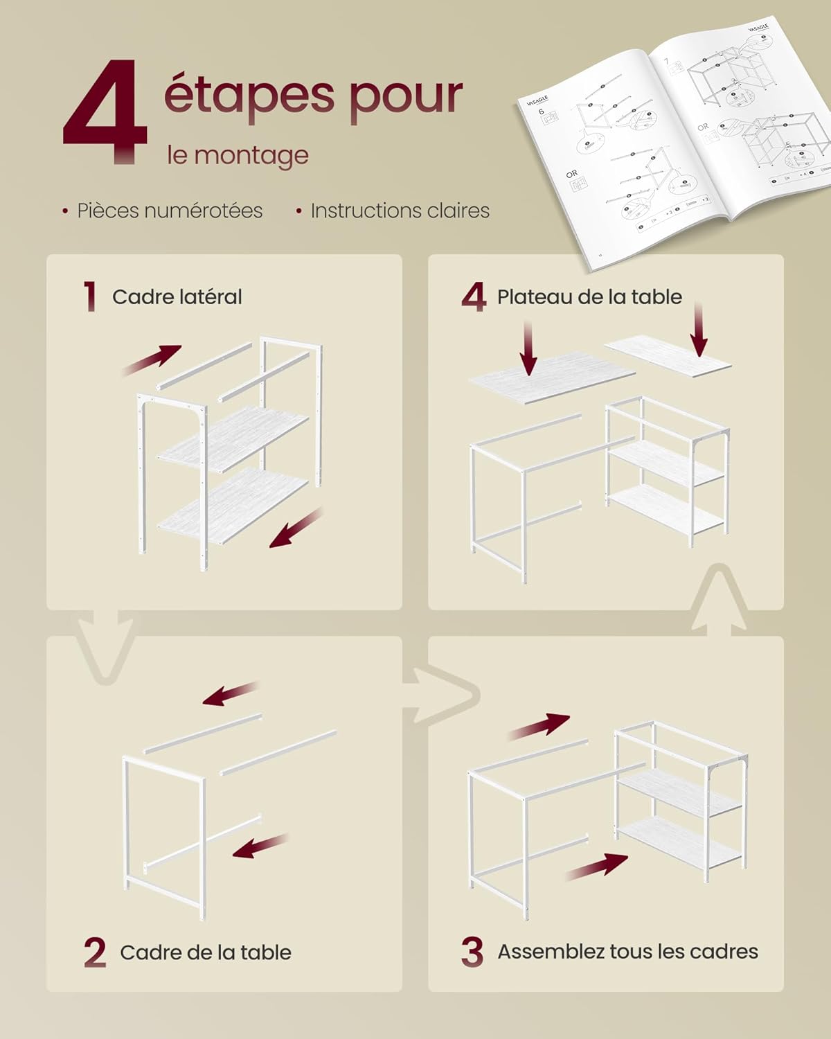 VASAGLE - bureau gaming réversible 120x80cm, étagères réglables, LWD136WF01