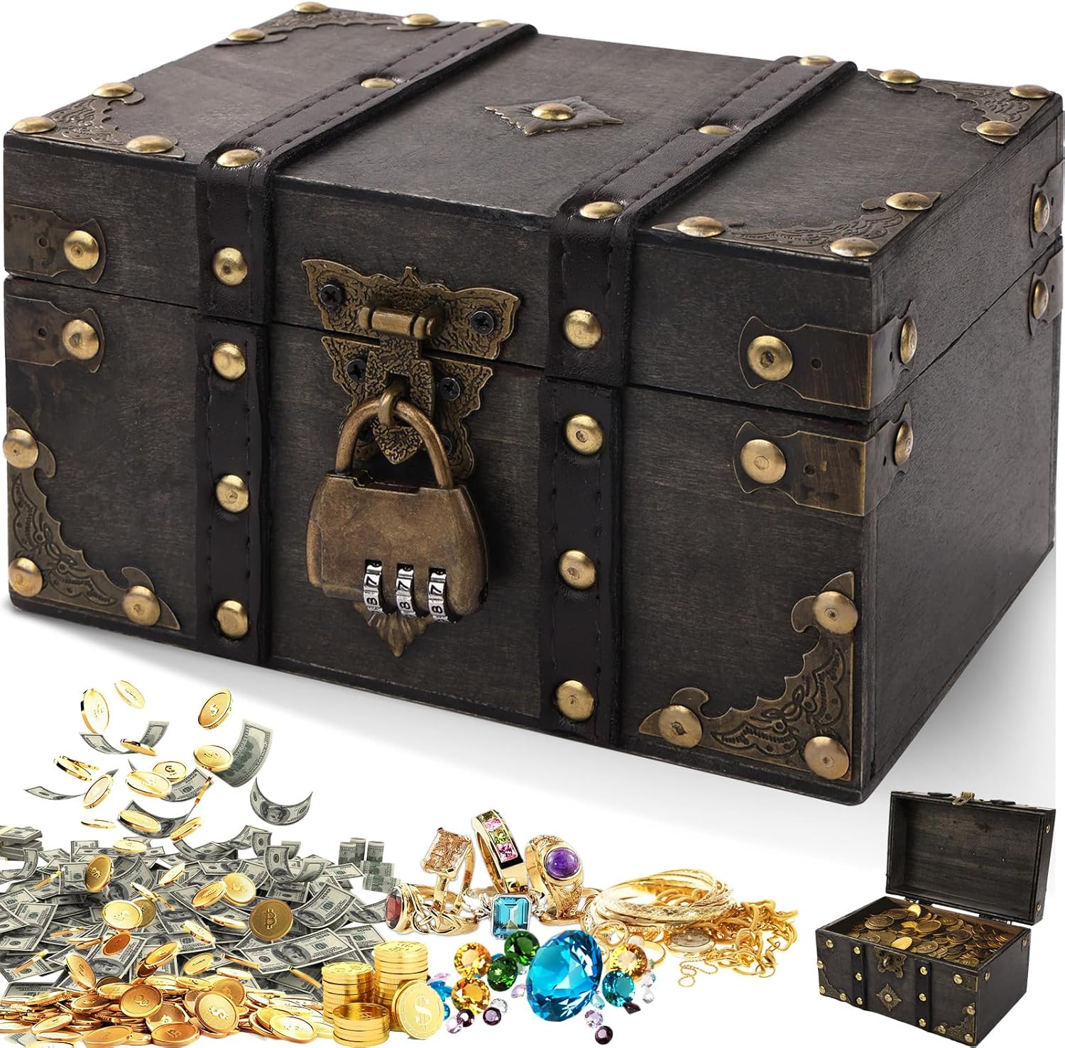 Coffre Trésor Vintage en Bois - boîte à code, cadenas pirate, gris, idéal enfant décor.