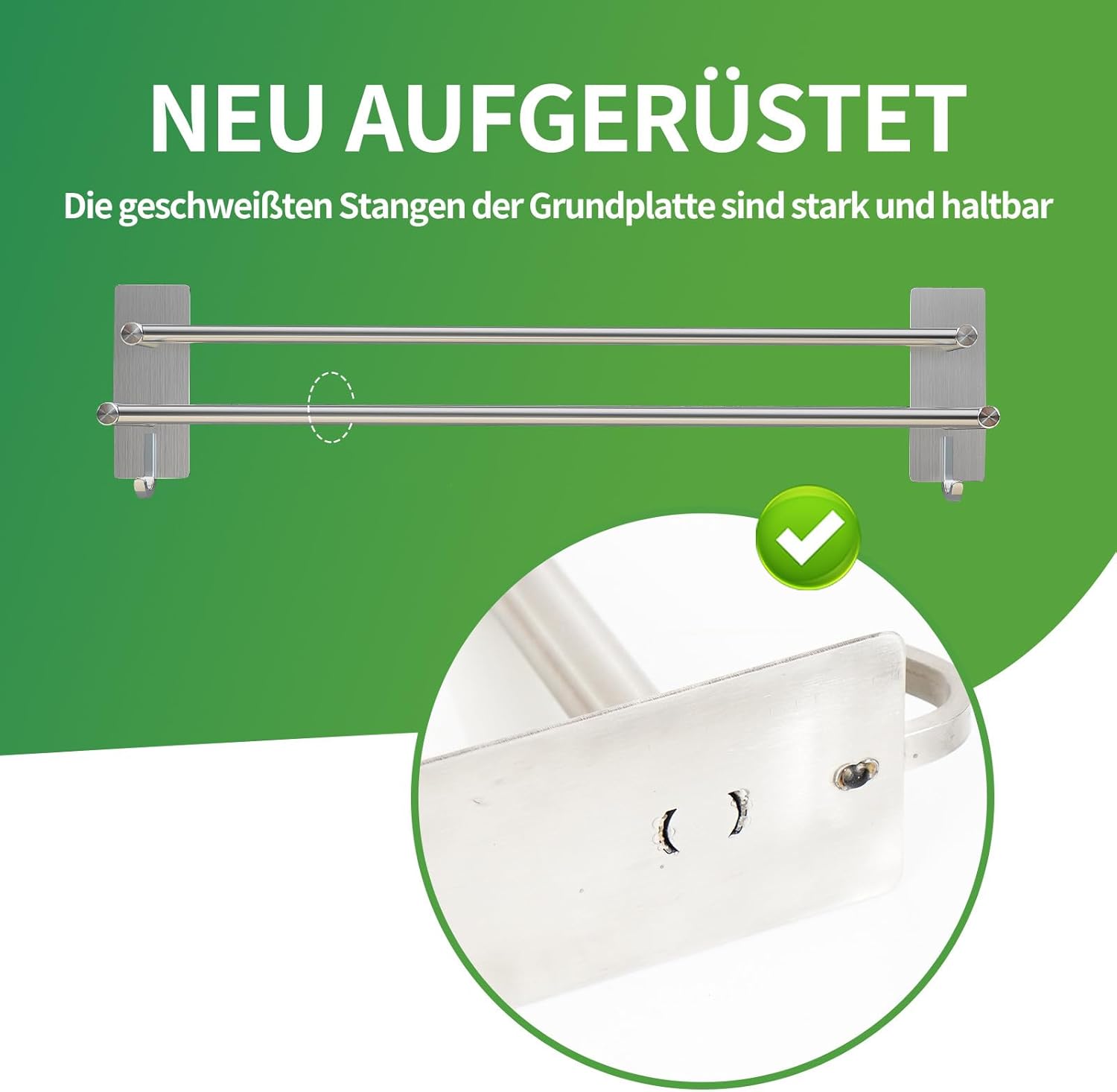 Porte-serviettes mural double inox, sans perçage, 2 crochets, salle de bain