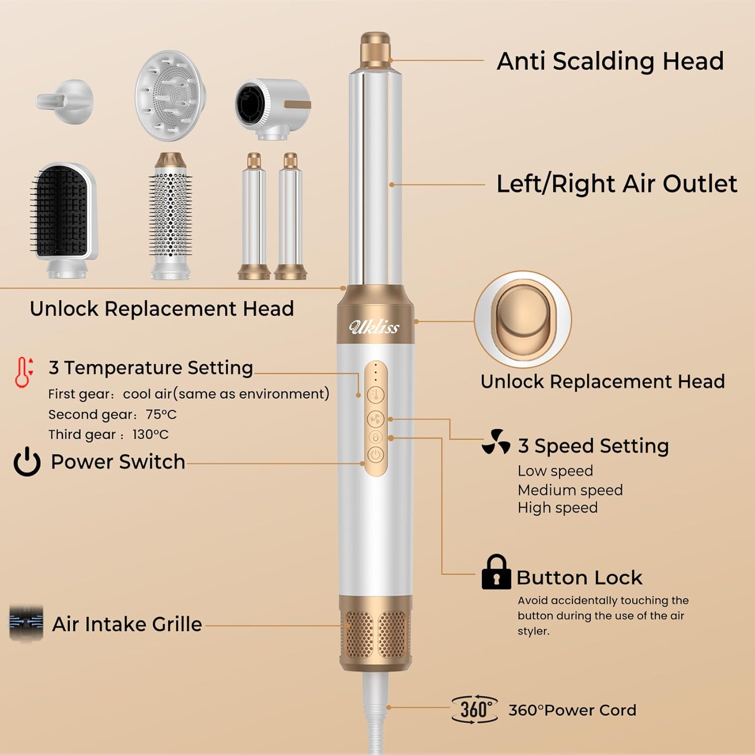 UKLISS - Sèche-cheveux 7 en 1 - design compact - brushing, boucle, lisse