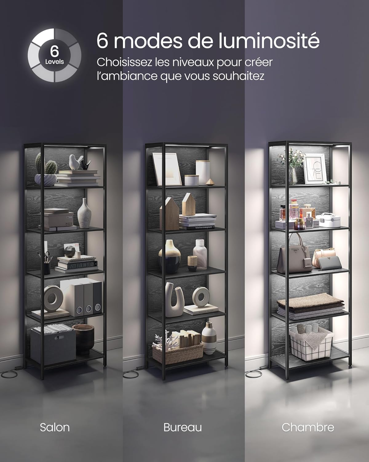 VASAGLE - bibliothèque LED série LLS120B57 - 30,3x60x178,6cm - étagère à 6 niveaux, cadre acier, lumière réglable - LLS1