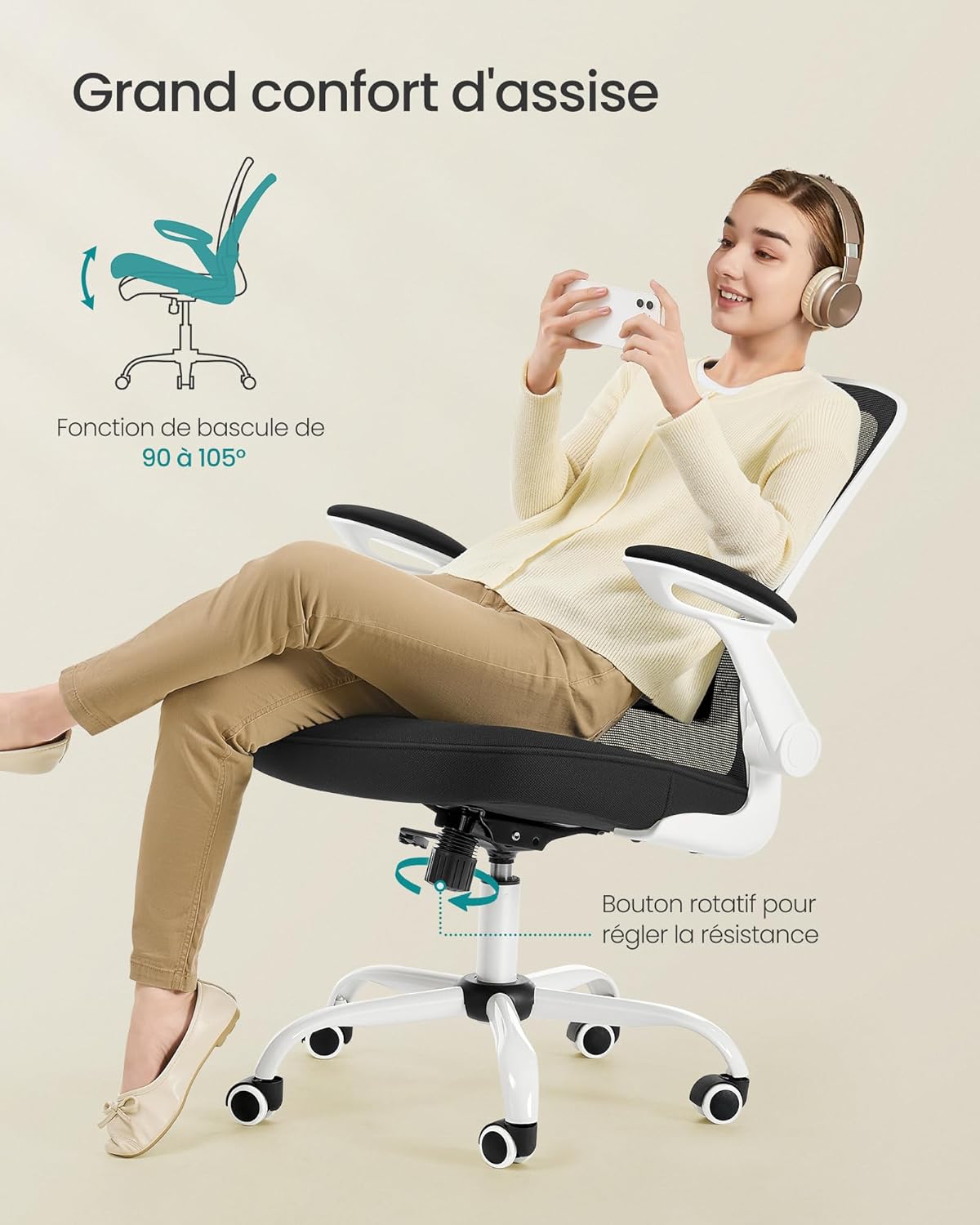 SONGMICS - chaise bureau ergonomique - 53 cm - accoudoirs rabattables, support lombaire, assise large, OBN37WT