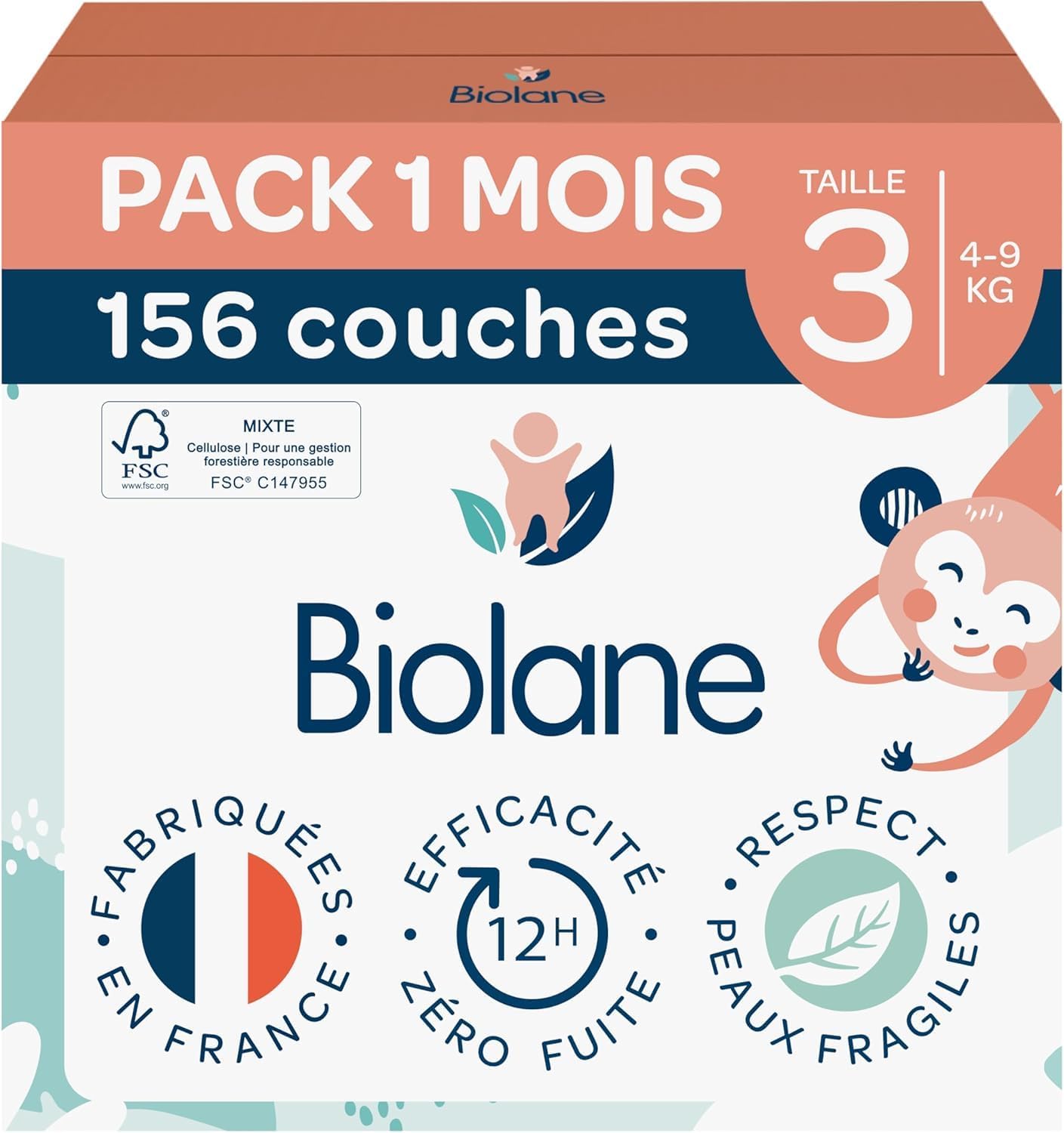 Biolane - couches éco taille 3 (4-9 kg) - 12h protection - 156 unités