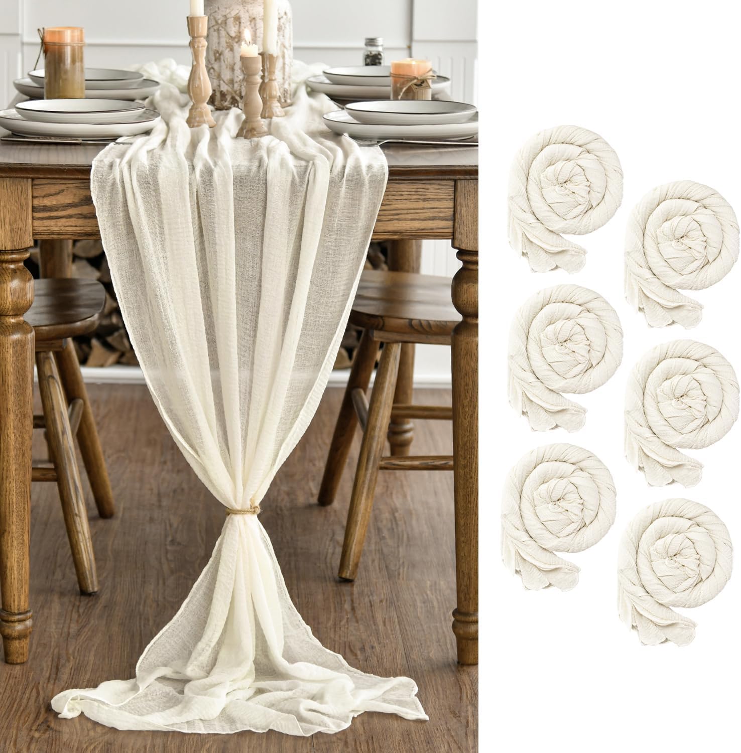 Artoid Mode - lot de 6 chemins de table - 300 cm - gaze mousseline bohème beige, décoration mariage