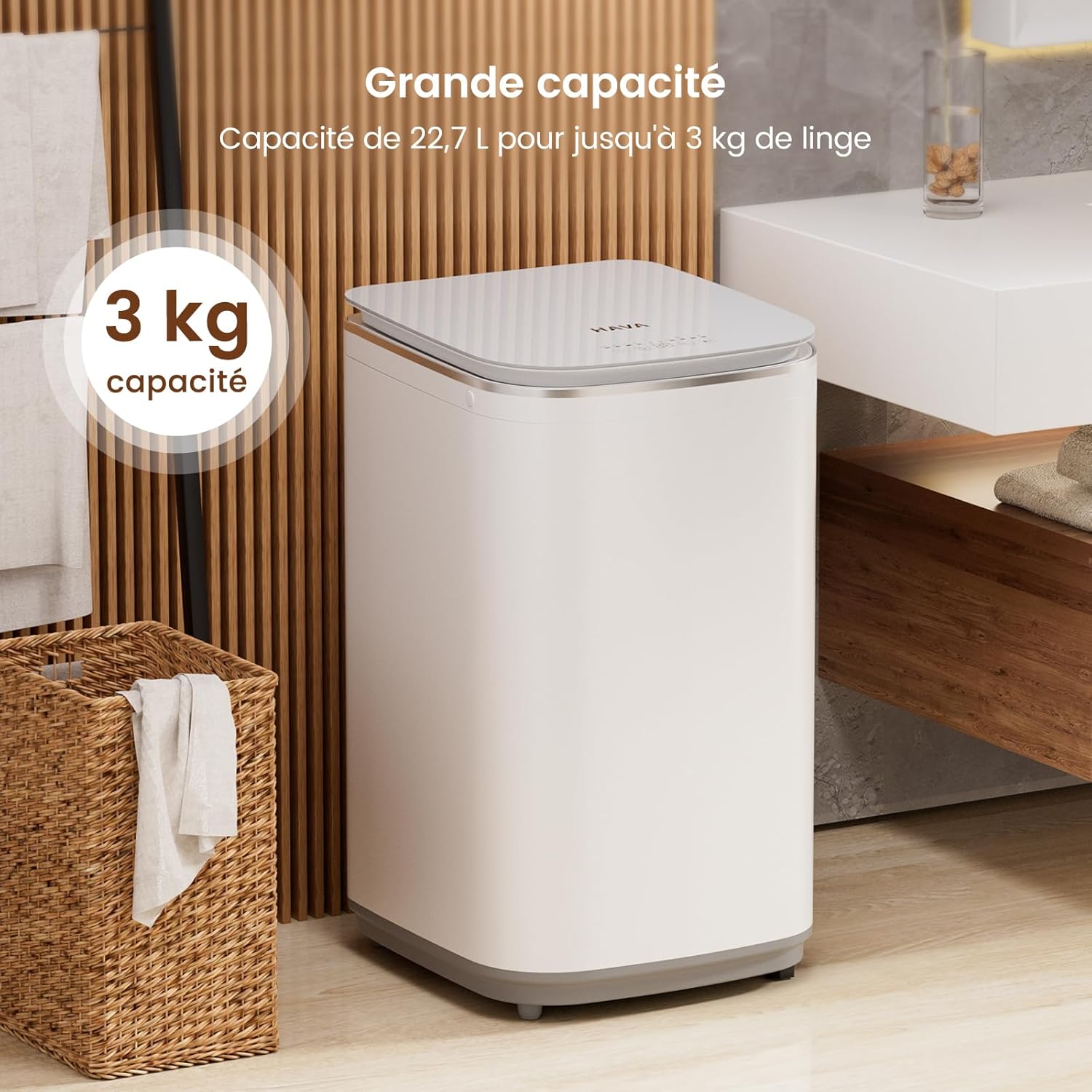 HAVA - Mini Machine à Laver 3kg, 8 programmes, lavage chaud, compacte