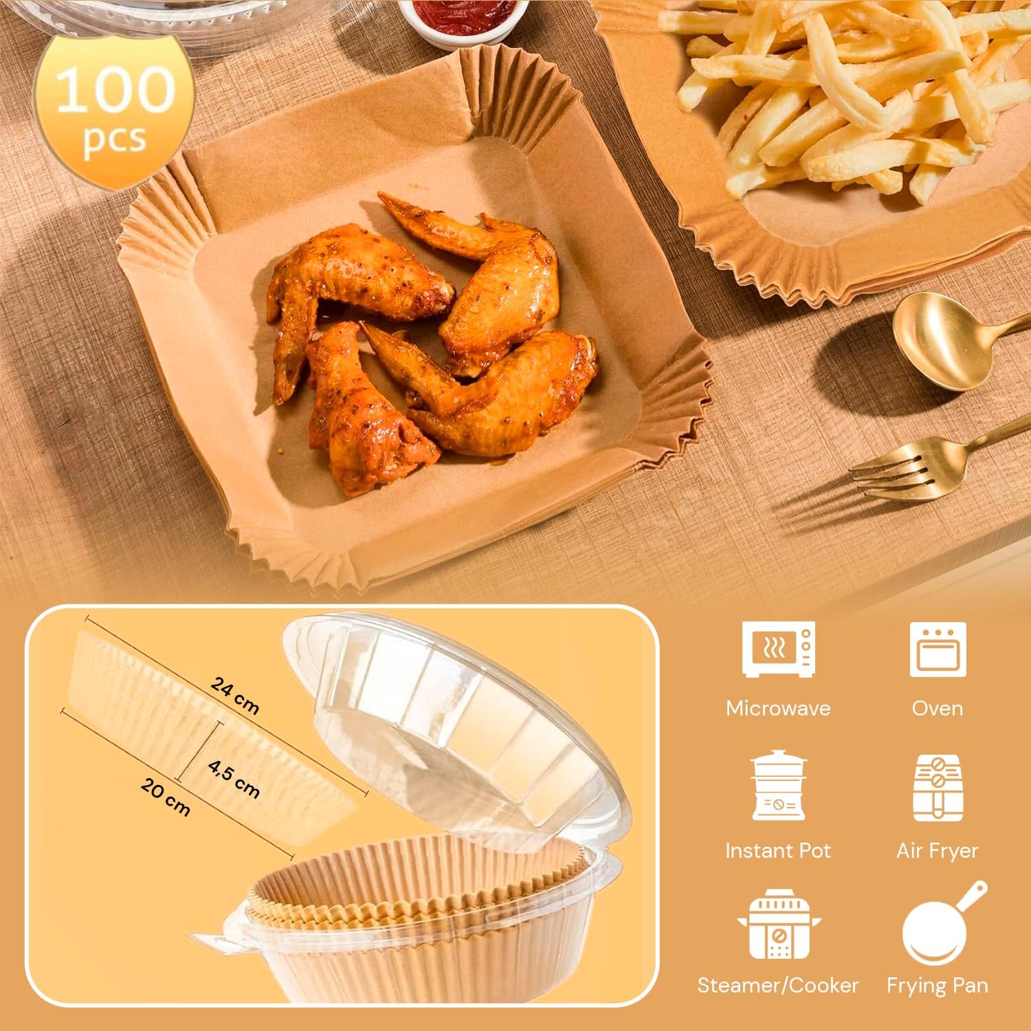 edihome - Papier Cuisson Air Fryer - rond 20-24 cm - 100 unités, jetable, BPA free